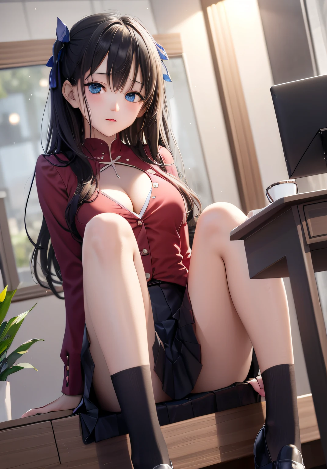 Masterpiece, Best quality,1 girl, Rin Tosaka, Solo, Long hair, Thighs, Mini skirt, Blue eyes, Thighs, Black hair, crouched, Turn up the skirt with both hands,, (Bend your legs while sitting，knee bend)), crouched, Open legs, (skirt up:1.2), NSFW, Shy, Show off, cleavage,