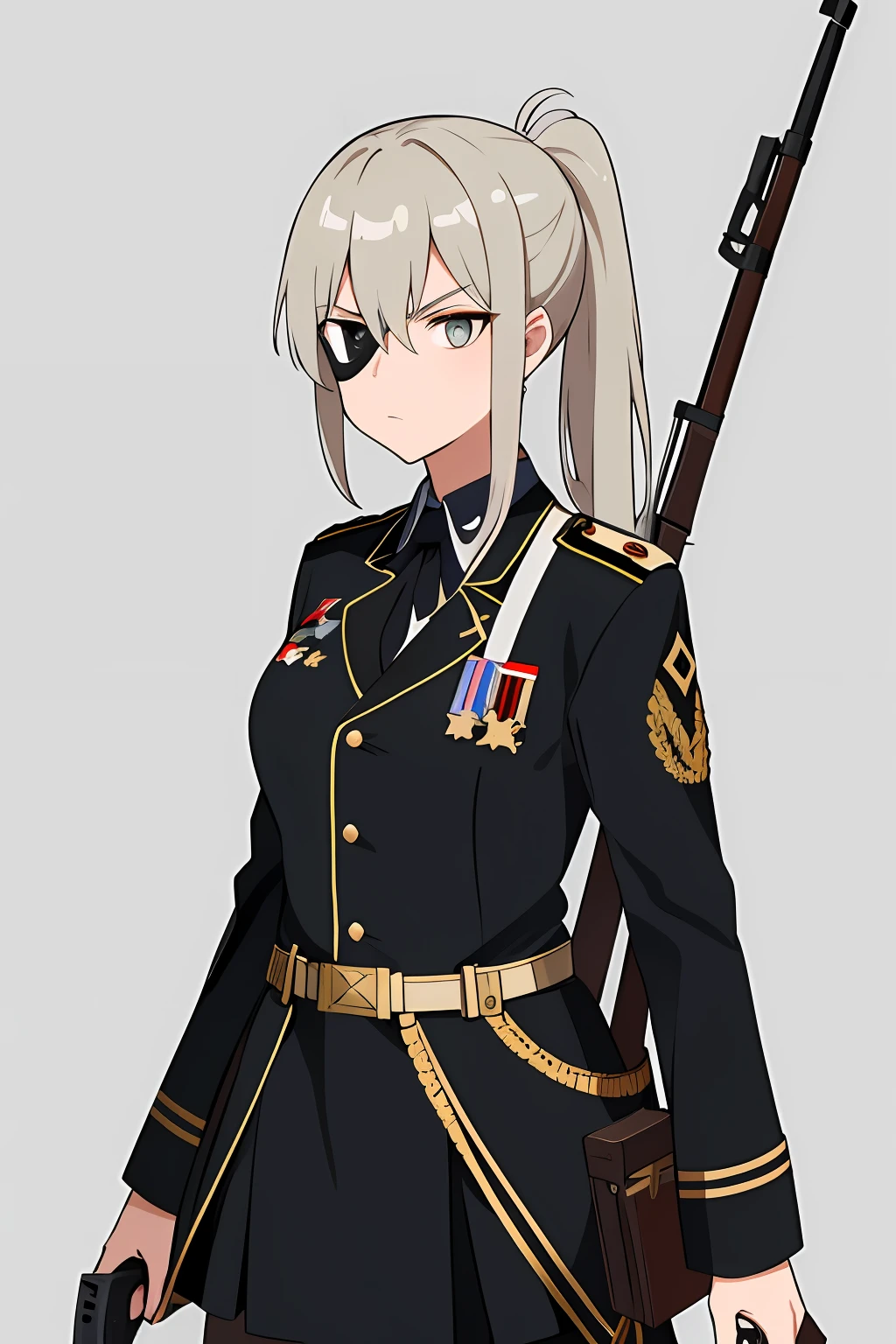 German black military uniform，schoolgirls，silber hair，Holding a Mosin-Nagant rifle in his left hand，sideface，Iron Cross emblem，High ponytail，Black eye patch，Gold eyes，serious-expression，similar《Battle of the Maidens》，（（best qualtiy））