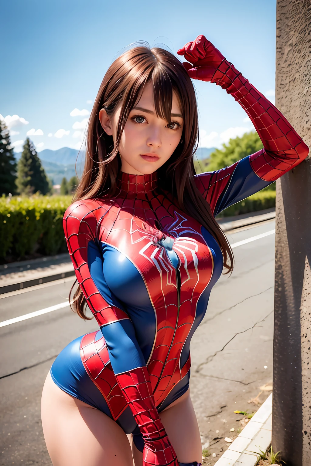 (wearing spiderwoman_cosplay_outfit:1.1), in front of a sky, (red and blue outfit:1.3),
good hand,4k, high-res, masterpiece, best quality, head:1.3,((Hasselblad photography)), finely detailed skin, sharp focus, (cinematic lighting), night, soft lighting, dynamic angle, [:(detailed face:1.2):0.2], medium breasts, outside,
