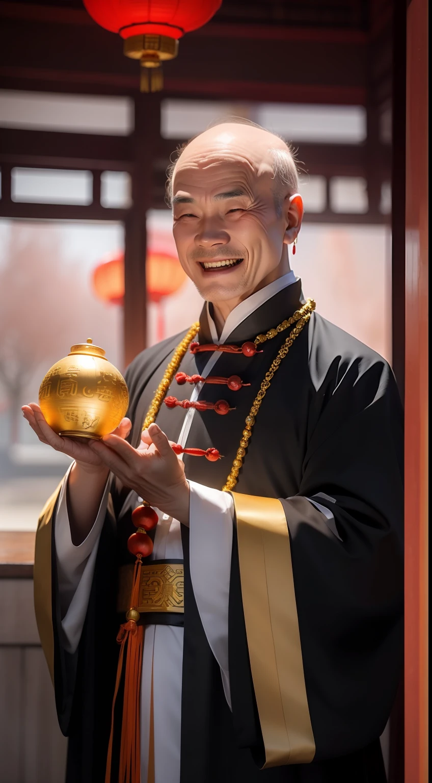 Han Chinese，A balding old man wearing a traditional Chinese cassock，Holding a handful of gold ingots，grin，red colour，jubilation，a cassock，Temple，k hd，真实感，超高分辨率，Prayer beads，fortune，fortune，Wishing you prosperity，money，