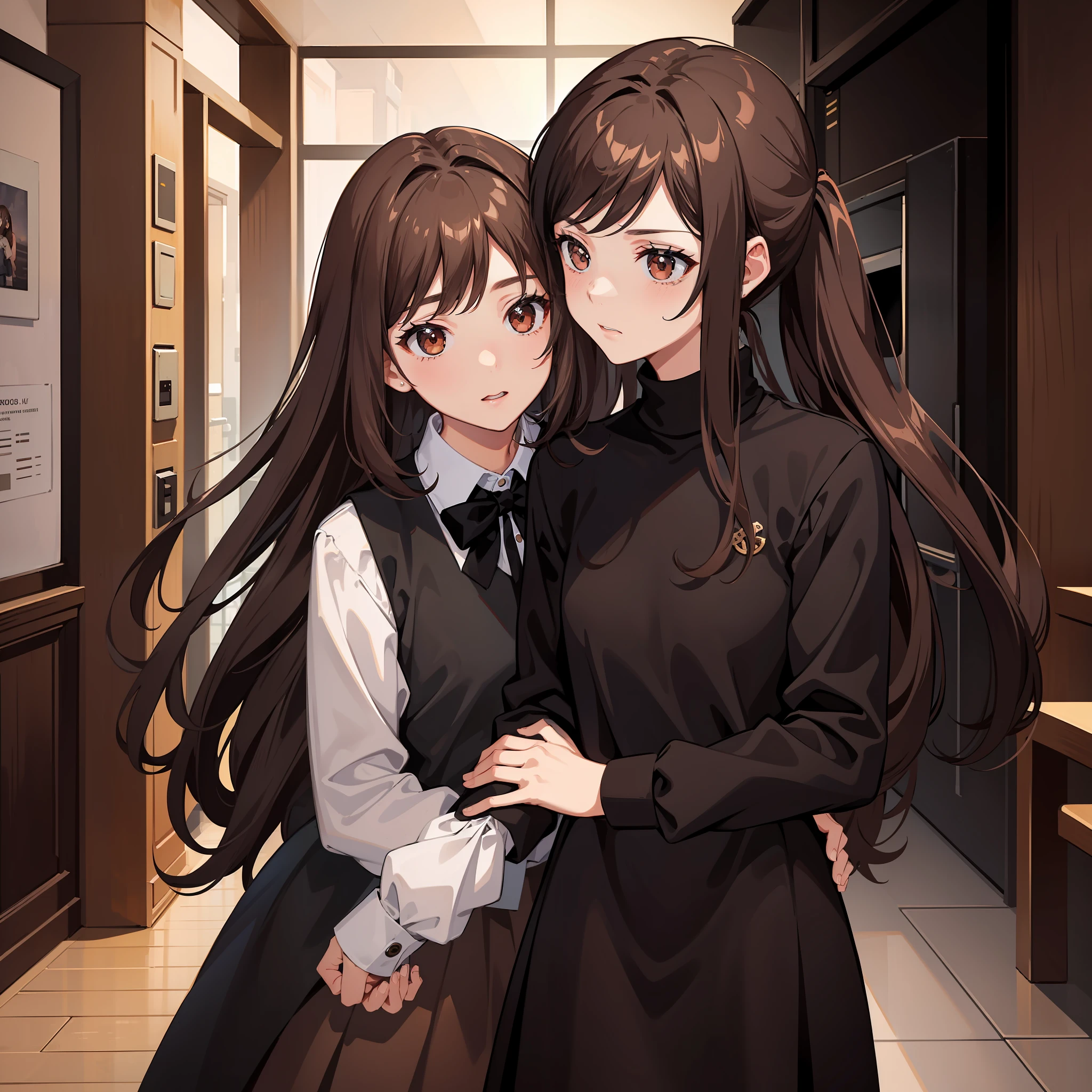 Masterpiece, Best quality, A high resolution, A high school girl wears a long ponytail，Chocolate colored hair，Wearing a black vest，Brown coat，Short brown skirt，The background is the wilderness，He was hugging a brunette boy