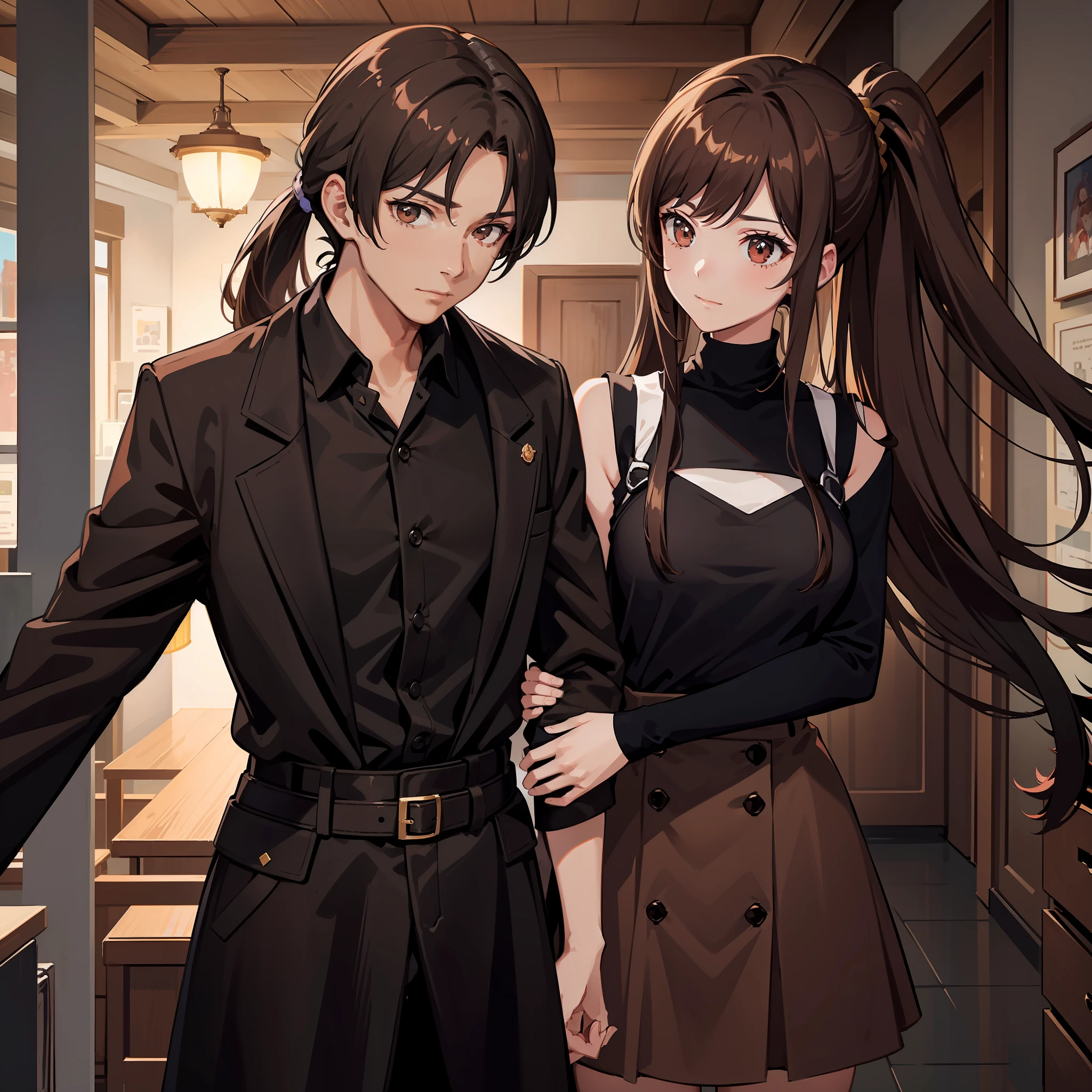Masterpiece, Best quality, A high resolution, A high school girl wears a long ponytail，Chocolate colored hair，Wearing a black vest，Brown coat，Short brown skirt，The background is the wilderness，He was hugging a brunette boy