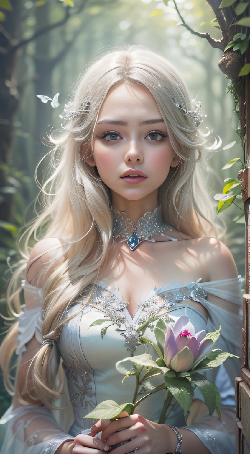 Create a masterpiece with the best quality and ultra details, featuring a stunning lady with blonde hair. She is wearing a jaw-dropping silver white dress straight out of a fairy tale. The scene is set in a magical and enchanted forest