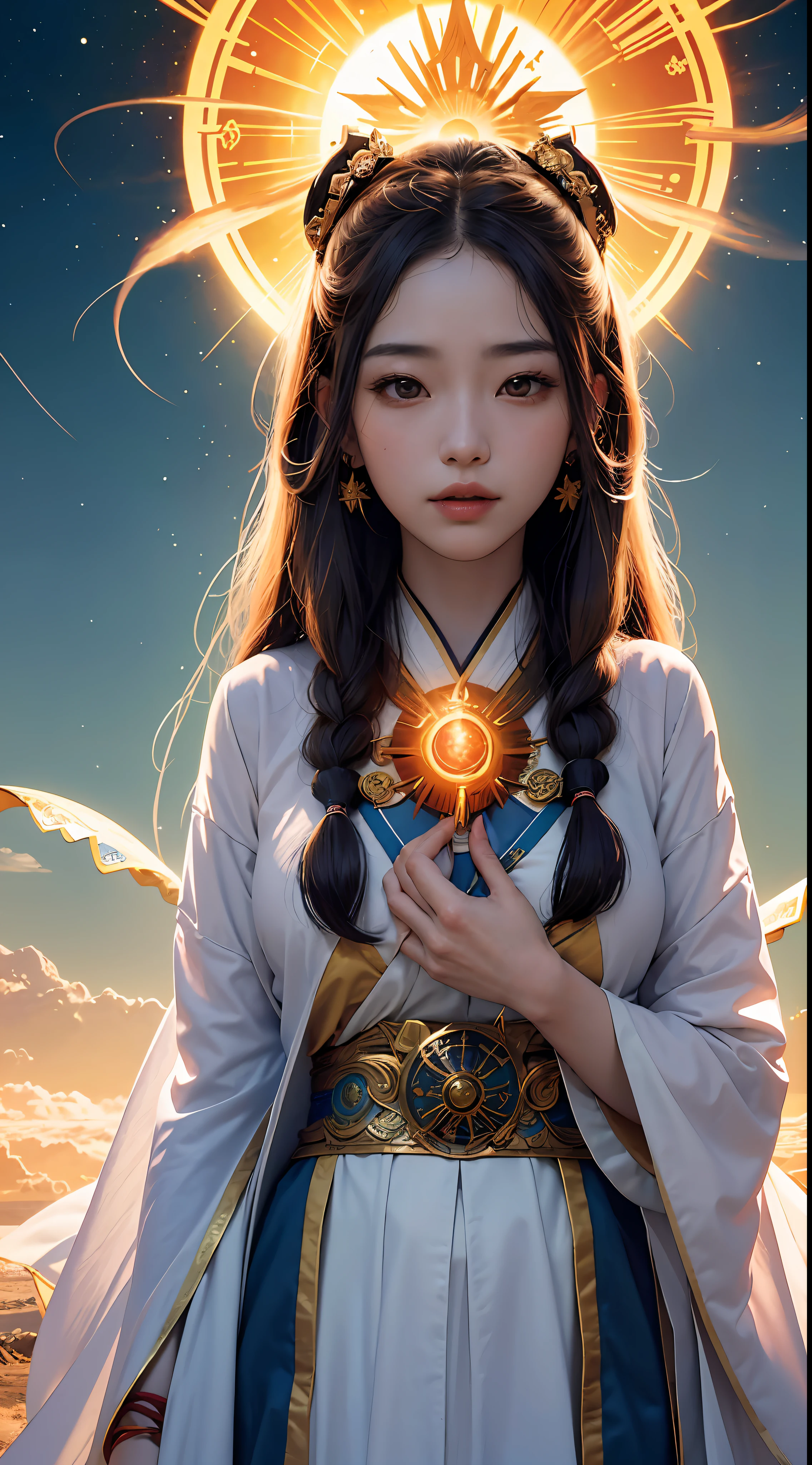 masterpiece, best quality,unity 8k wallpaper, ultra detailed, beautiful and aesthetic, beautiful, official art,
amaterasu priestess, sun disk, solar flare spell, sun goddess's blessing, divine intervention,