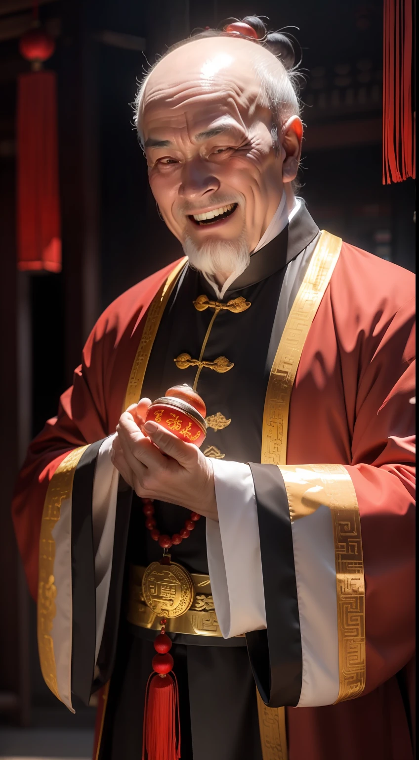 Han Chinese，A balding old man wearing a traditional Chinese cassock，Holding a handful of gold ingots，grin，red colour，jubilation，a cassock，Temple，k hd，真实感，超高分辨率，Prayer beads，fortune，fortune，Wishing you prosperity，money，