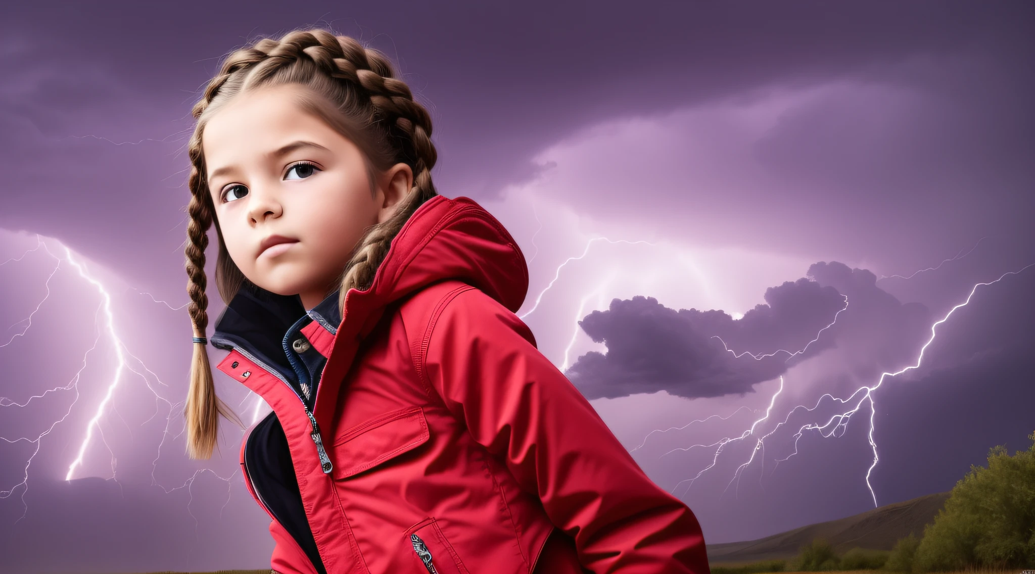 Girl child , Russian ruivas in braids, com roupa de jaqueta de couro vermelha, fundo storm, ride into the storm, thunderbolt.