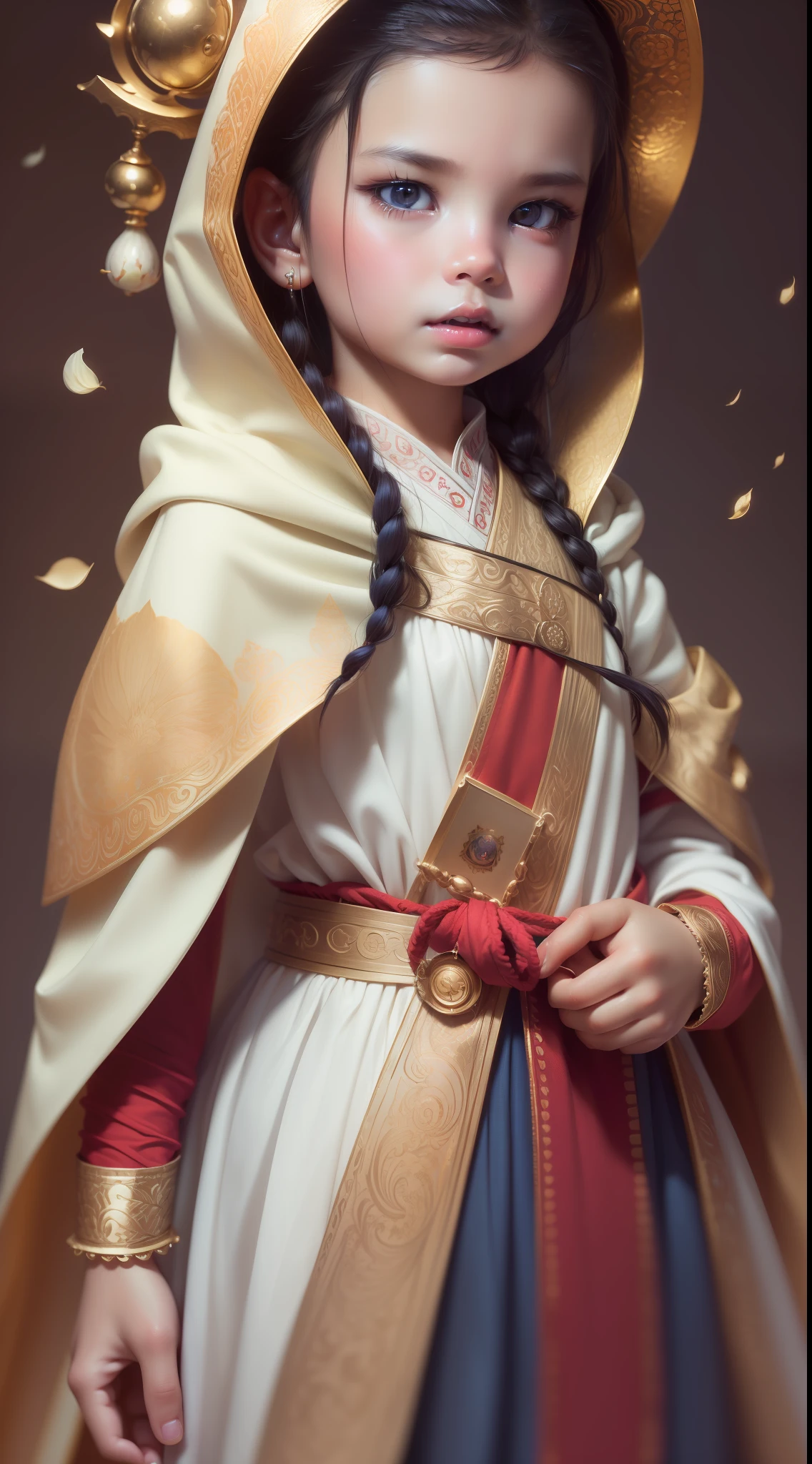 (Masterpiece))), ((Best Quality)), ((Ultra Detailed)), (Surreal), (Highly Detailed CG Illustration), Cinematic Light, Realistic, Very Beautiful Little Girl, Light Makeup, Intricate Details EABA, White Complex Cloak, Dynamic Pose