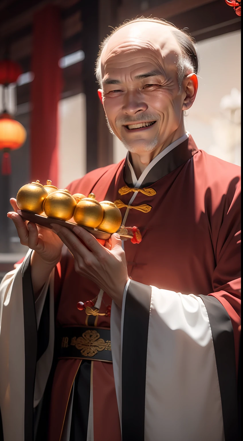 Han Chinese,A balding old man wearing a traditional Chinese cassock,Holding a handful of gold ingots,grin,red colour,jubilation,a cassock,Temple,k hd,真实感,超高分辨率,Prayer beads,fortune,fortune,Wishing you prosperity,money,