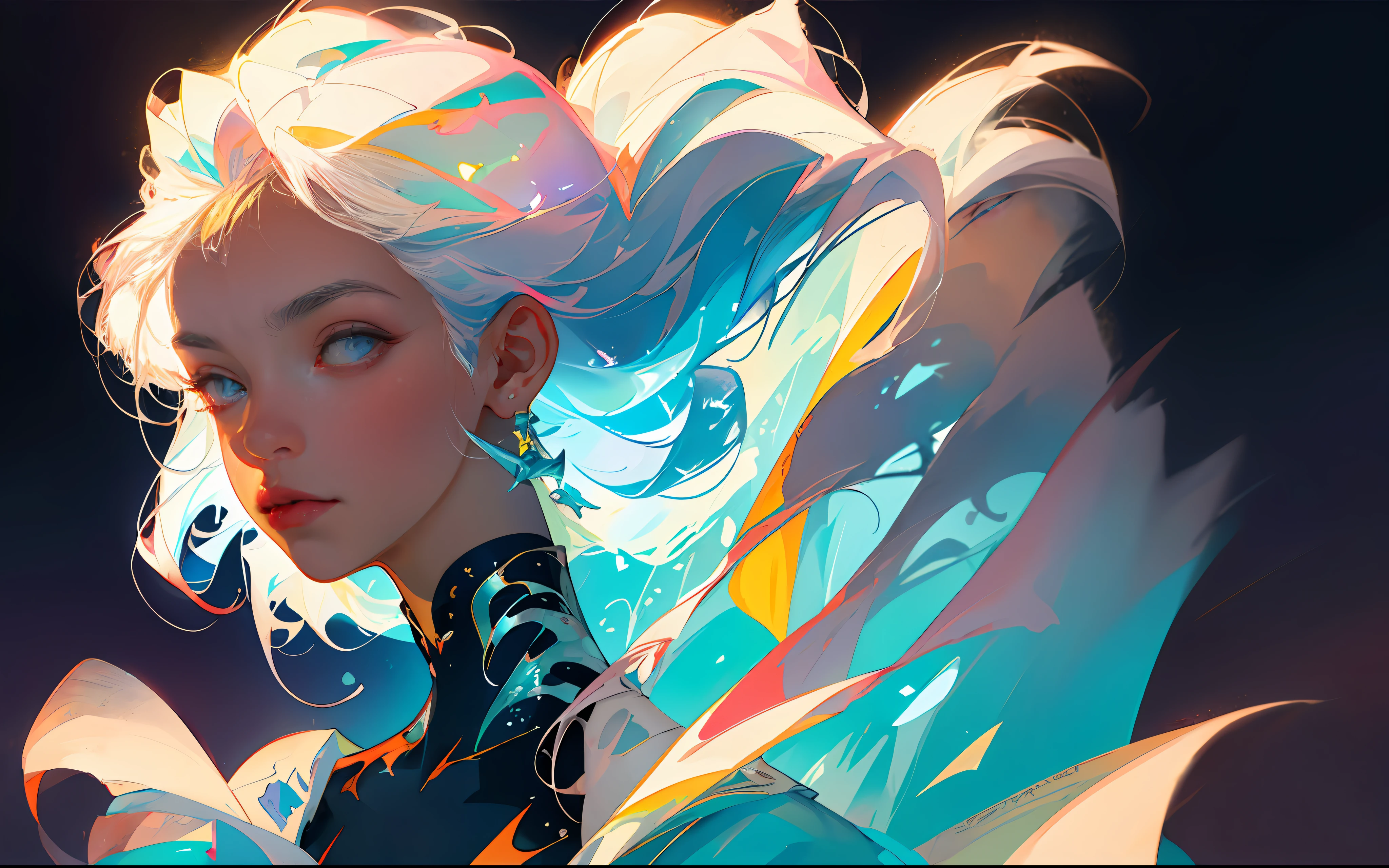8k wallpaper, masterpiece,Cinematic Lighting, best quality,Illustration,dramatic angle, ((colorful:1.1)), ((colored inner hair:1.4)),
1girl, solo, long hair, water, blue eyes, choker, parted lips, white choker, liquid hair, white hair, bangs, from side, profile, upper body, blue hair, simple background, grey background, bare shoulders, portrait, looking at viewer, white dress, hair between eyes, multicolored hair, white background,earrings,
