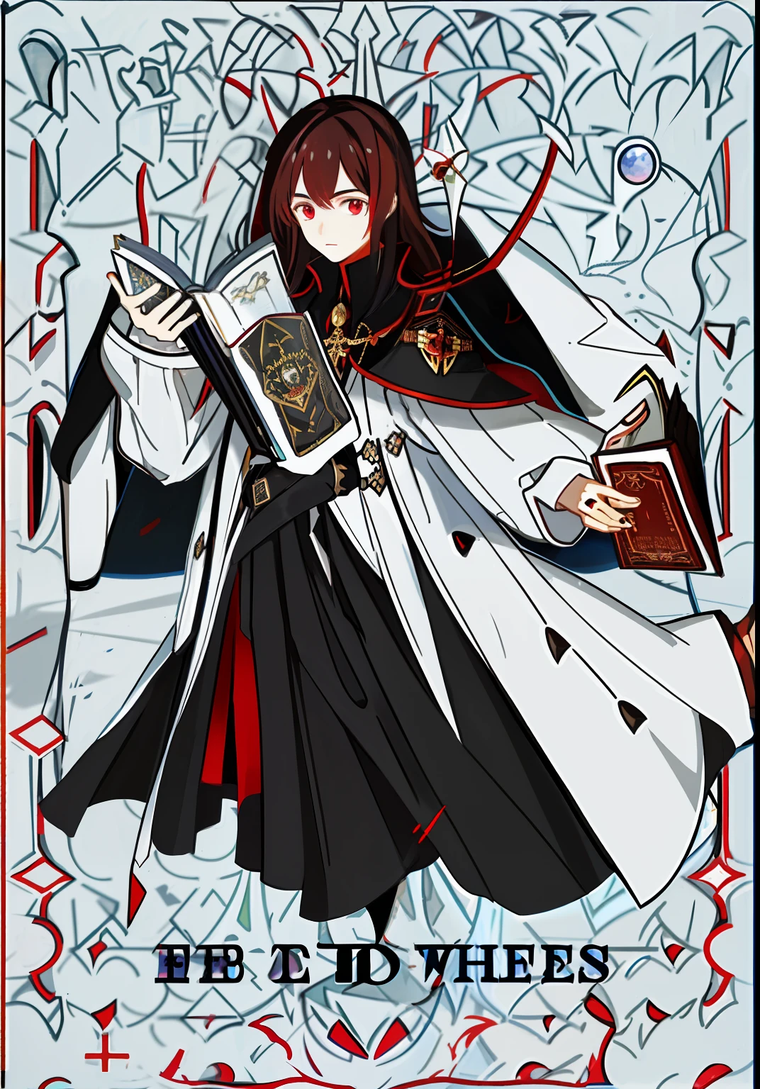 tmasterpiece, high high quality, A high resolution, A 16-year-old brunette boy in the Enchanted Castle, red eyes, Black white-trimmed trench coat, holding a magic spell book