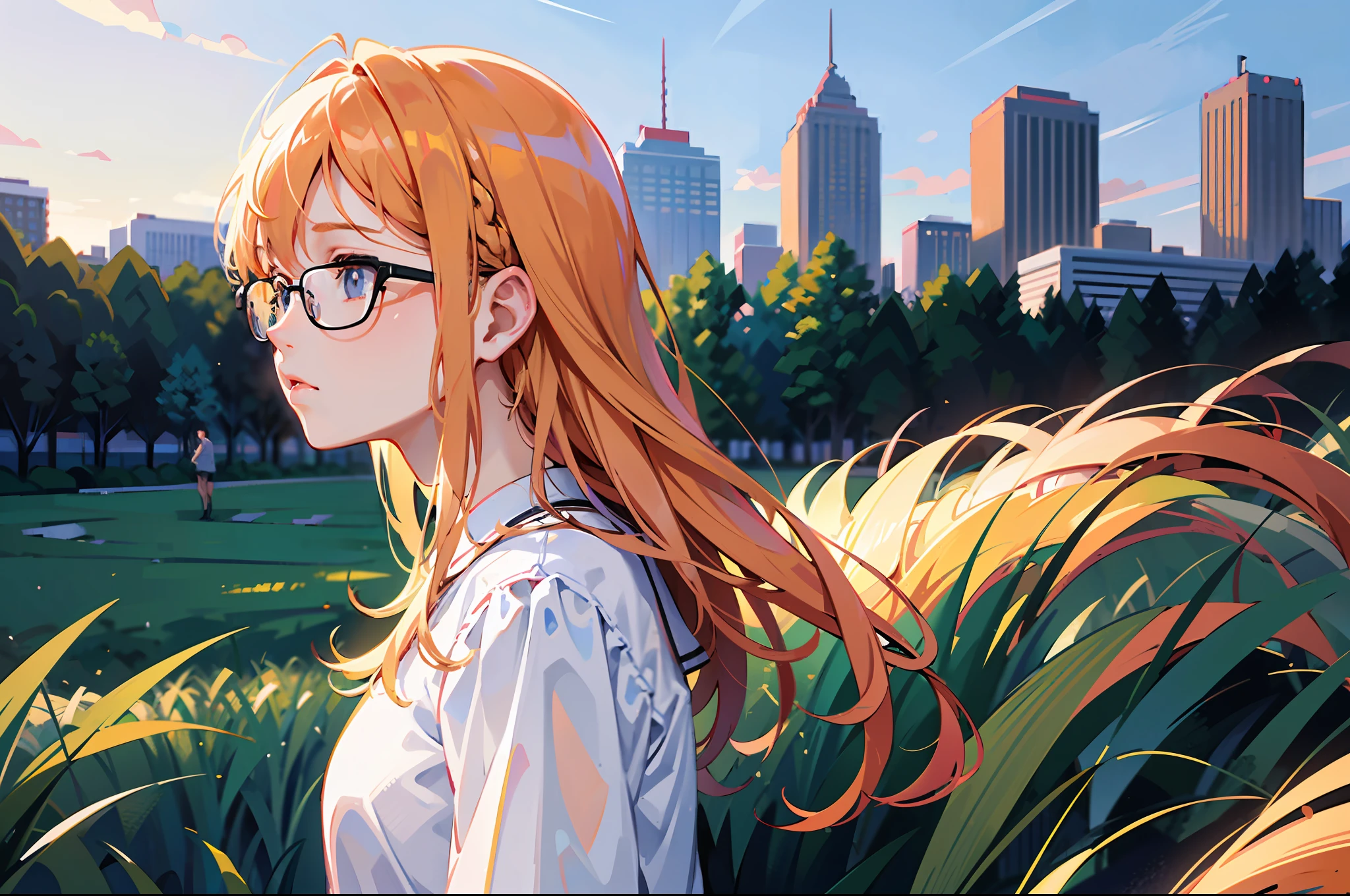 a college girl with glasses sitting on wide grass field, whute dyed hair, white shirt, side view, sad face, tired, city scape lofi portrait, digital anime illustration, detailed digital anime art, anime portrait, anime moe artstyle, realistic anime art style, anime realism style, semirealistic anime style, anime character portrait, high quality anime artstyle