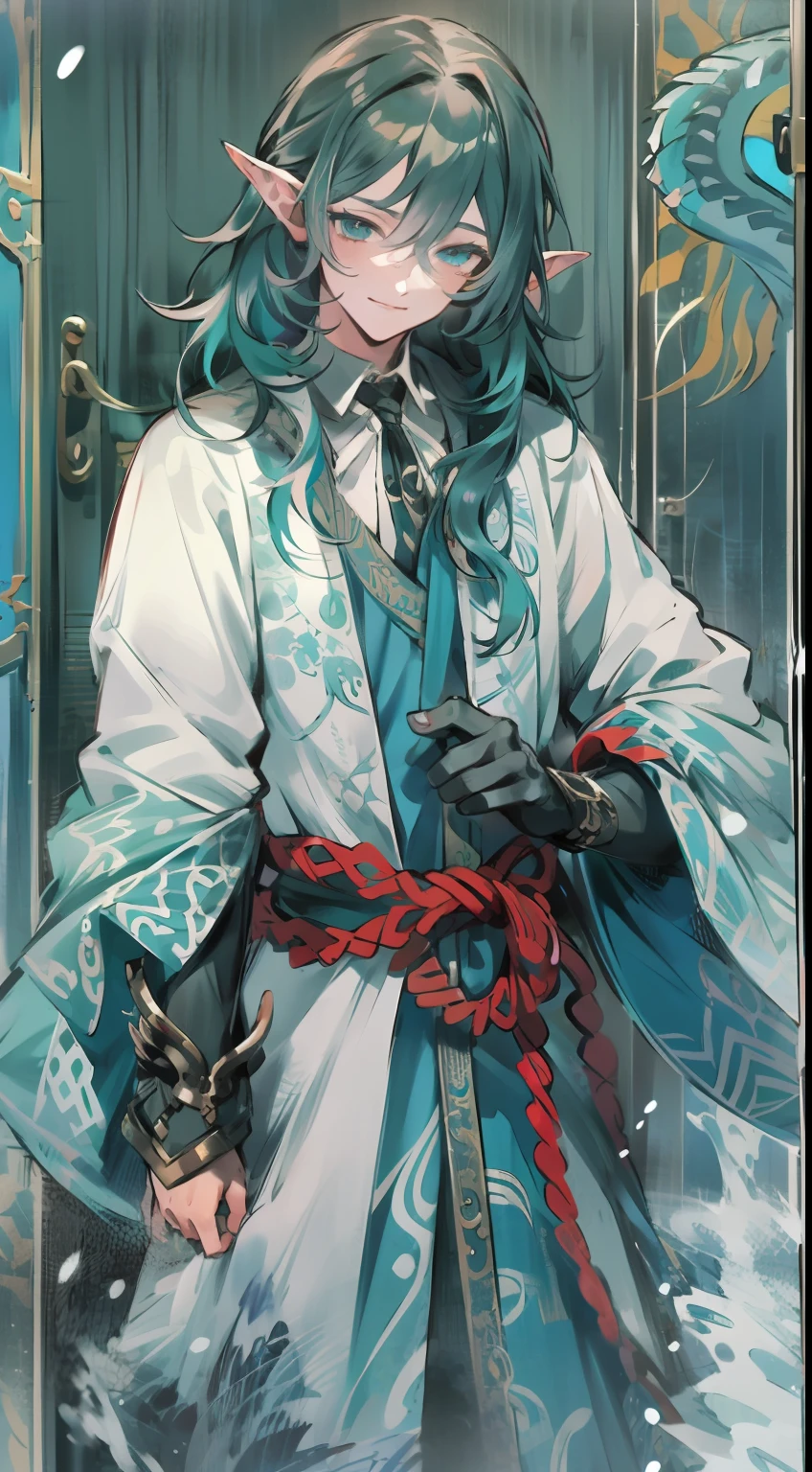 A teenager stood in the doorway,Handsome and dashing boy,Tall figure,ssmile,long turquoise hair,Snow-white skin,Bring your arms together,Leaning against the door frame,He has long blue hair like seaweed,Tall and slender,Skin like snow,Kraken's ears,(The forehead has scales)