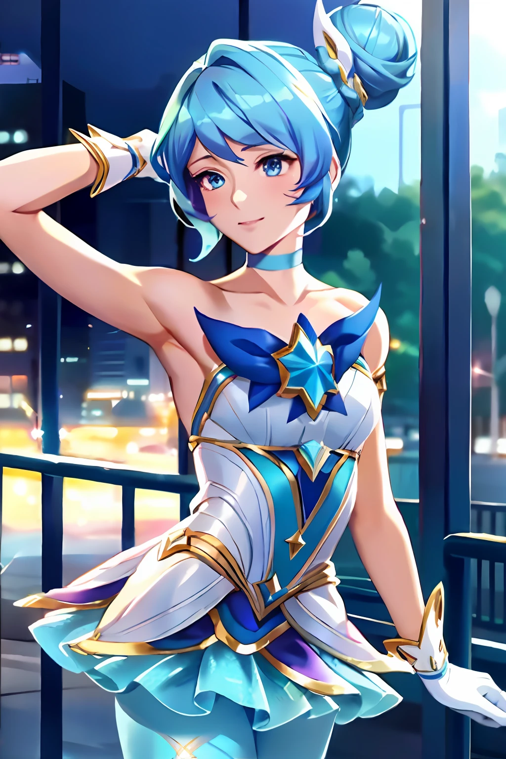 （tmasterpiece：1.4），（best qualtiy：1.2），star guardian orianna，blue  hair，hair-bun，A ballet dancer，short  skirt，whitegloves，ssmile，The upper part of the body，the street，up-close，is shy