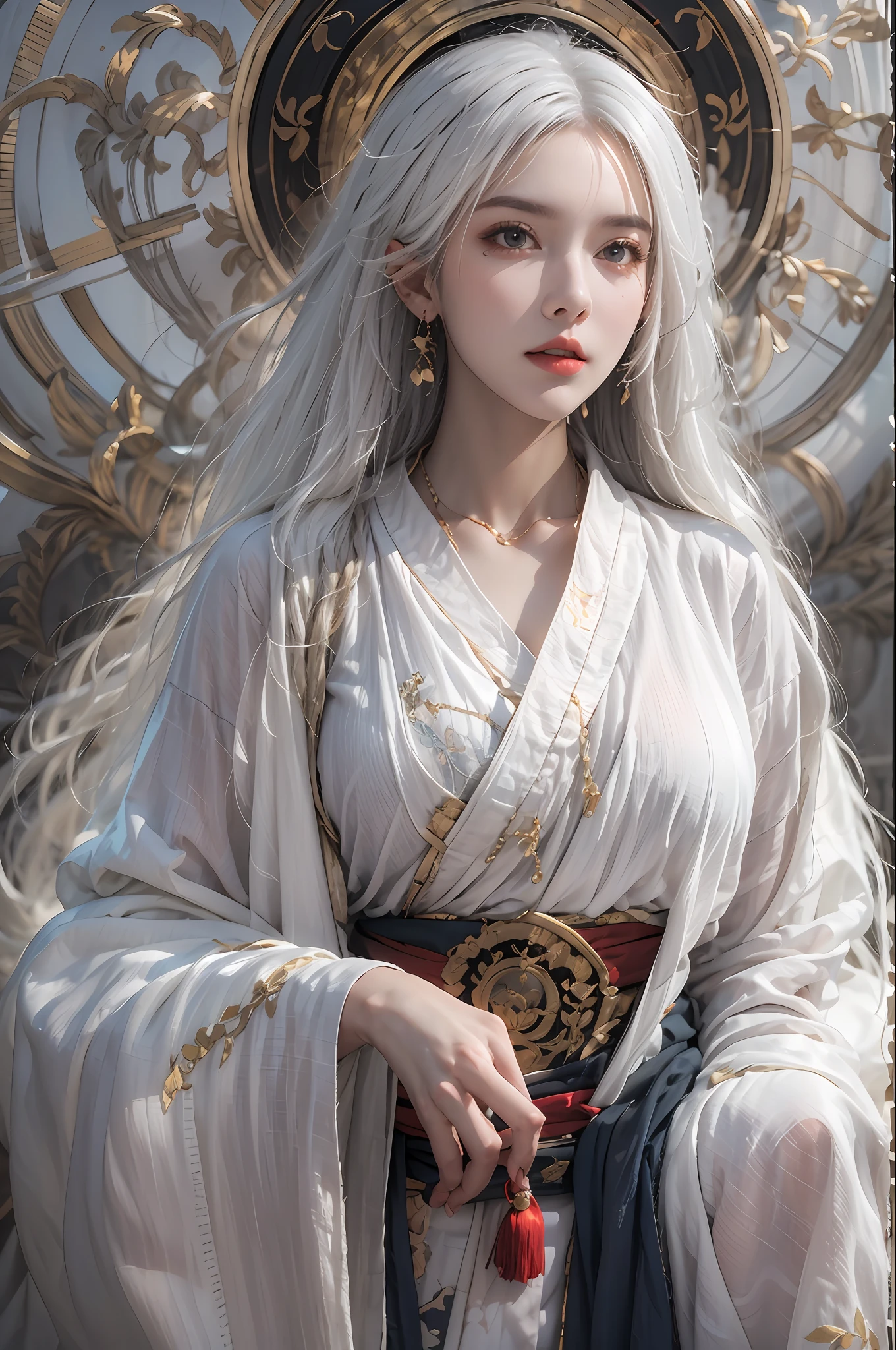 photorealistic, high resolution, soft light,1women, solo, hips up, look at viewer, (detailed face), white hair, long hair, Taoist robe,oversized clothes, jewelry