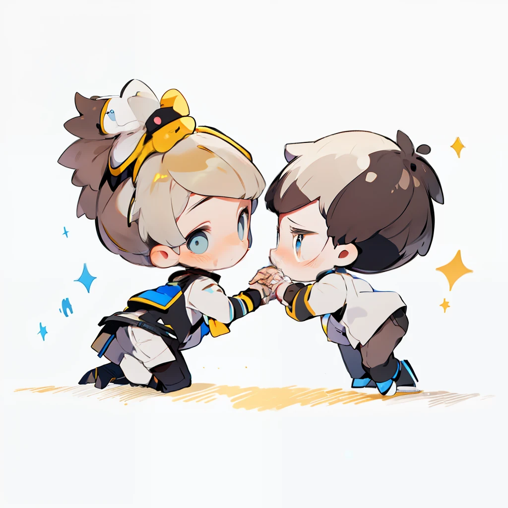 White high ponytail and black-eyed boy，Light gray-brown short hair, blue-yellow heterogeneous pupil teenager，The two held hands， Q version，Emoticon pack，solid black background