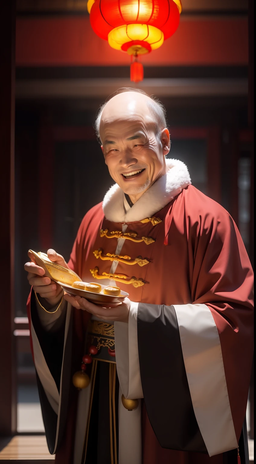 Han Chinese，A balding old man wearing a traditional Chinese cassock，Holding a handful of gold ingots，grin，red colour，jubilation，a cassock，Temple，k hd，真实感，超高分辨率，Prayer beads，fortune，fortune，Wishing you prosperity，money，