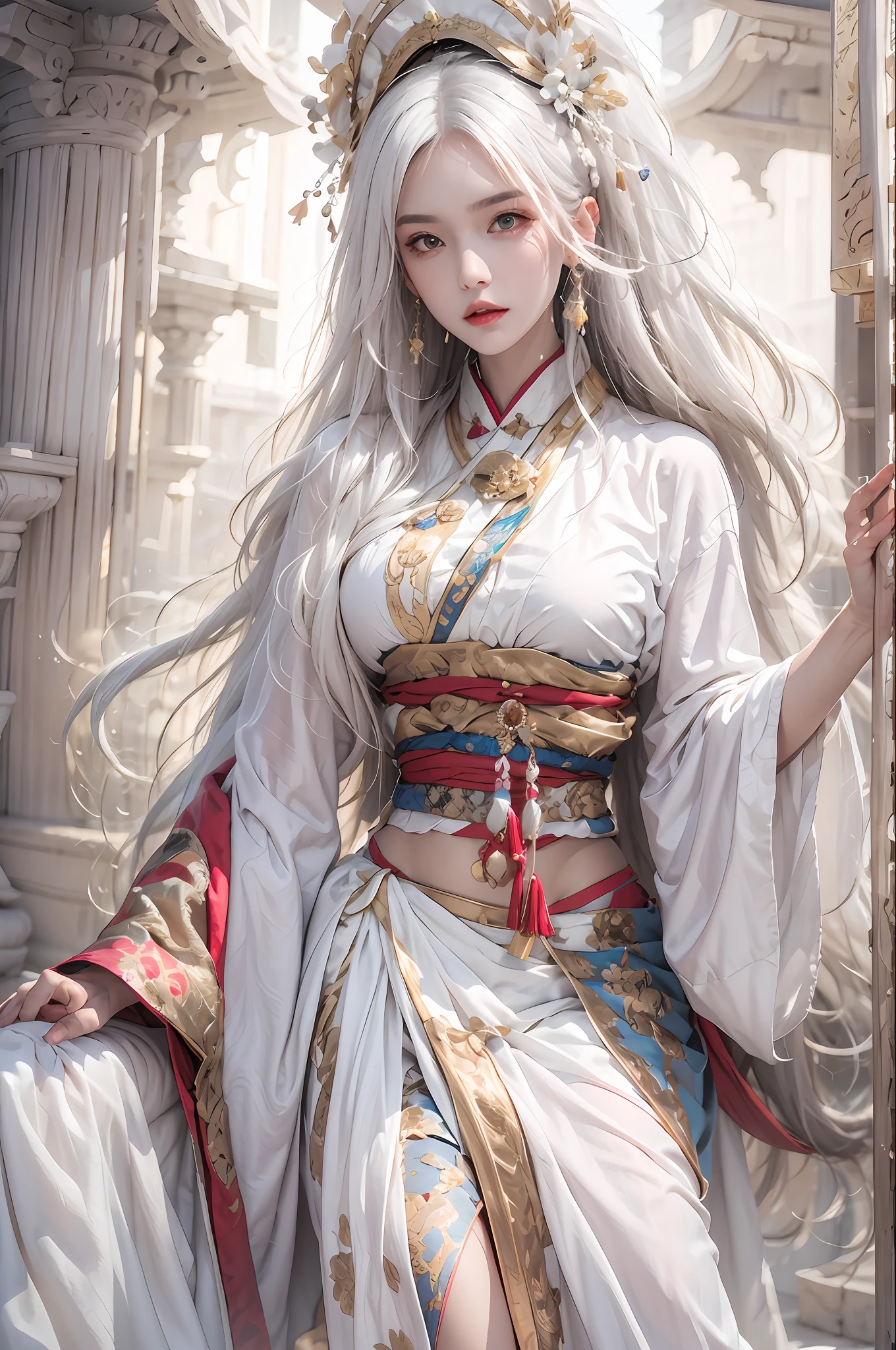 photorealistic, high resolution, soft light,1women, solo, hips up, look at viewer, (detailed face), white hair, long hair, Taoist robe,oversized clothes, jewelry