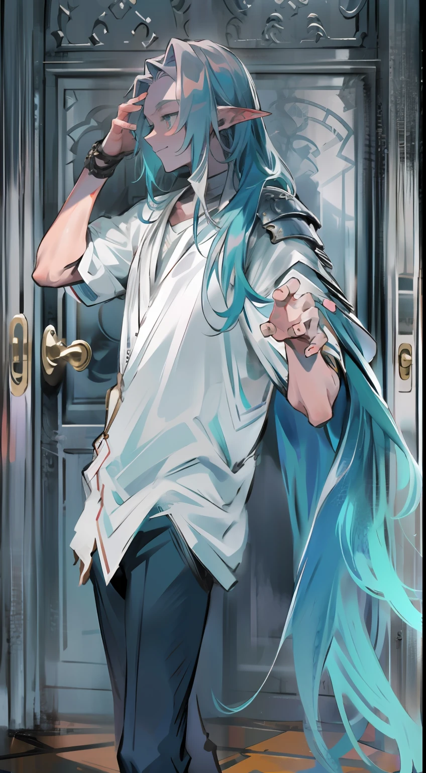 A teenager stood in the doorway,Handsome and dashing boy,Tall figure,ssmile,long turquoise hair,Snow-white skin,Bring your arms together,Leaning against the door frame,He has long blue hair like seaweed,Tall and slender,Skin like snow,Kraken's ears,(The forehead has scales)