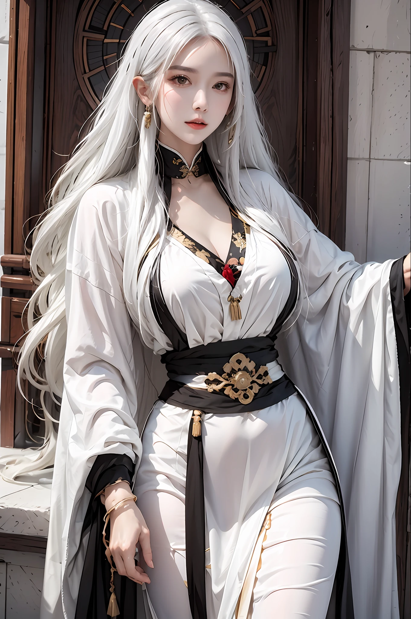 photorealistic, high resolution, soft light,1women, solo, hips up, look at viewer, (detailed face), white hair, long hair, Taoist robe,oversized clothes, jewelry