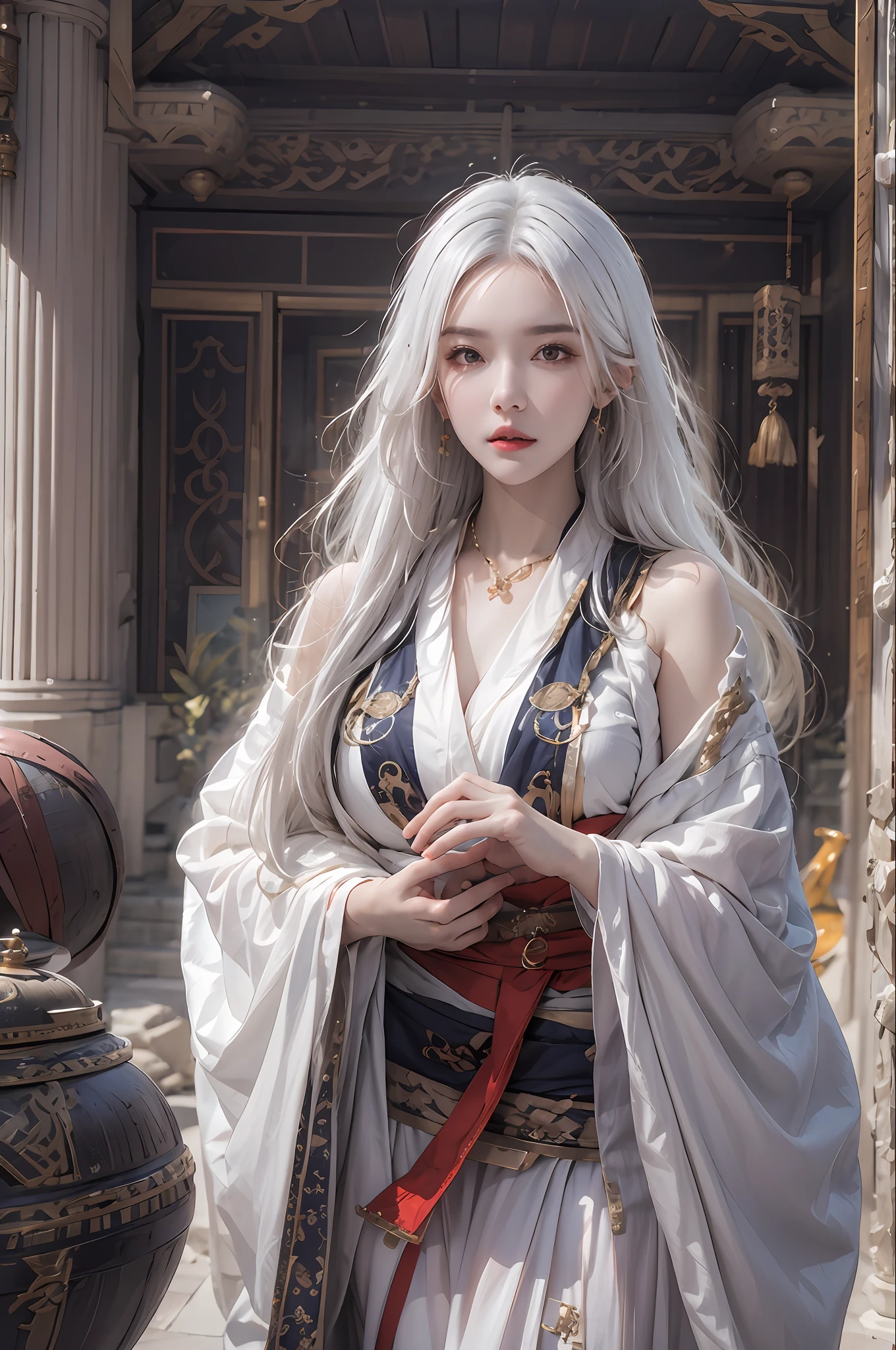 photorealistic, high resolution, soft light,1women, solo, hips up, look at viewer, (detailed face), white hair, long hair, Taoist robe,oversized clothes, jewelry