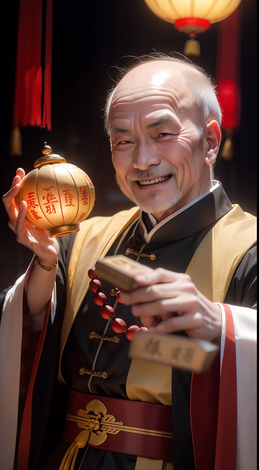 Han Chinese,A balding old man wearing a traditional Chinese cassock,Holding a handful of gold ingots,grin,red colour,jubilation,a cassock,Temple,k hd,真实感,超高分辨率,Prayer beads,fortune,fortune,Wishing you prosperity,money,