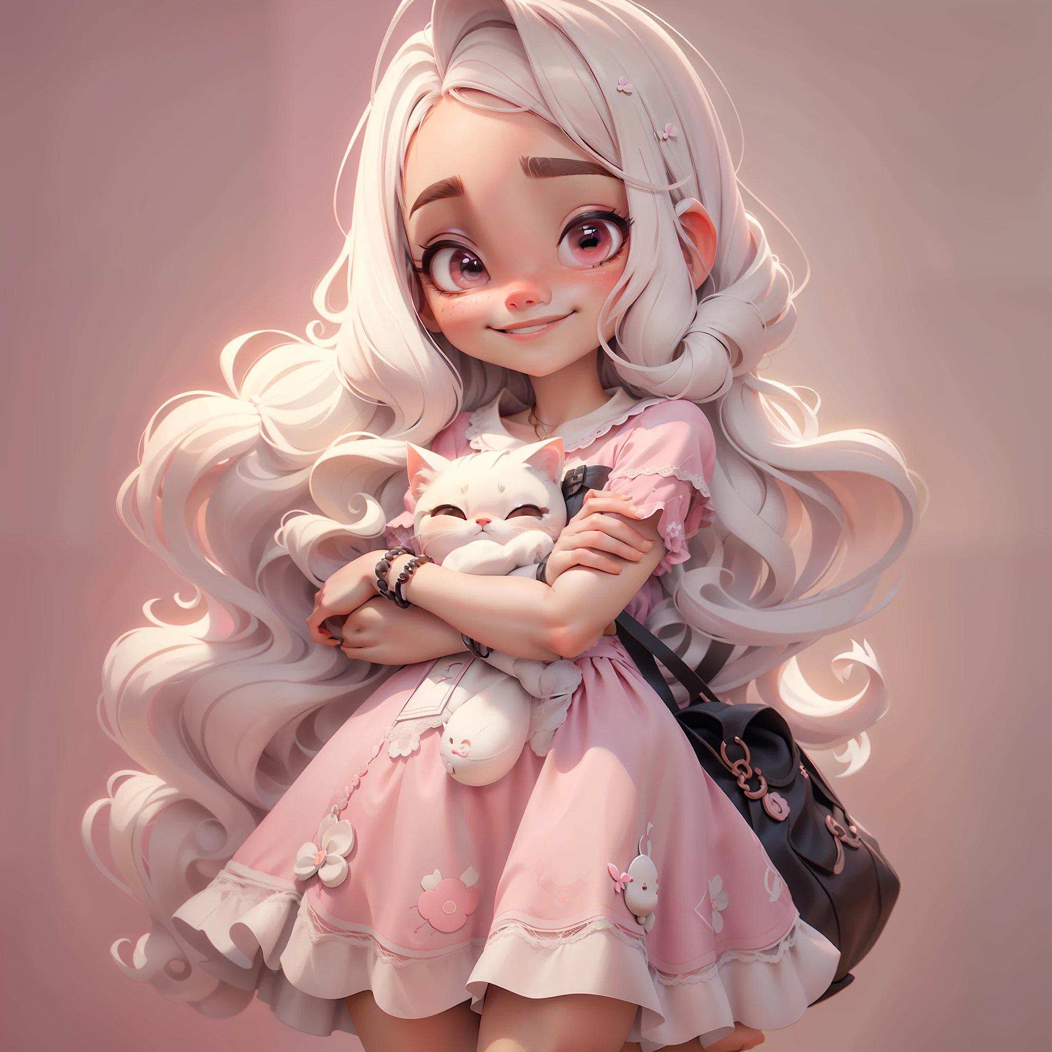 uma , barnet, fofa, sorridente, cabelo grande, branco ondulado, rosa, vestido, franja pequena, without glasses, bracelet on left arm, bolsa de gatinho, bonita, Scenario well done, detalhado, rosto corado, Arte dos desenhos animados,