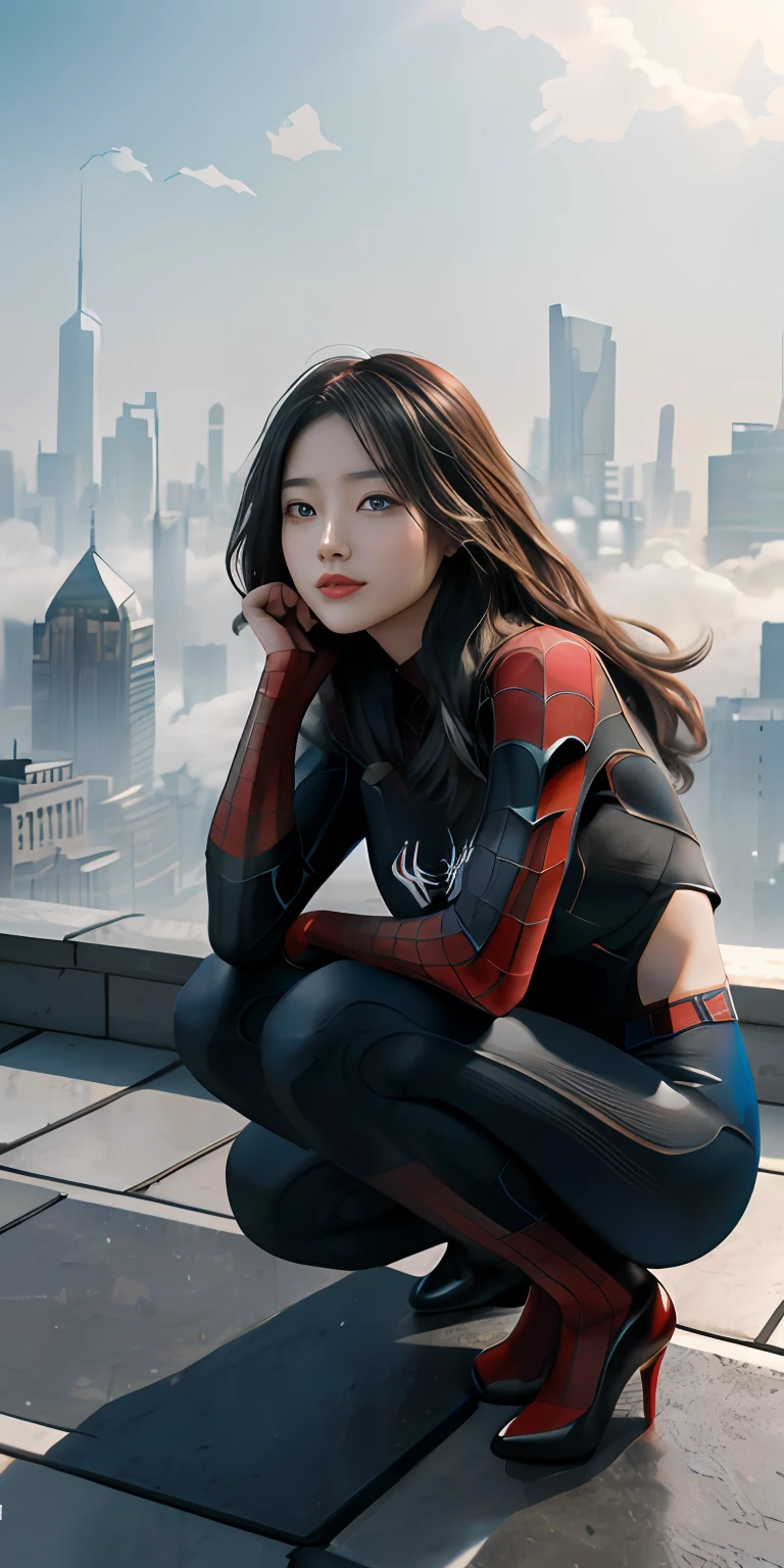 (1girl:1.3), 独奏, (((very vey very detailed face))),((very detailed eyes and faces))),beatiful detailed eyes,Body parts__,offcial art,Unified 8k wallpaper,ultra-detailliert,Spider-Man crouching,Beautiful and beautiful,big breasts beautiful,tmasterpiece,best qualtiy,primitive,tmasterpiece,ultra fine photos,best qualtiy,超高分辨率,photorealistic realism,rays of sunshine,full-body portraits,stunningly beautiful,,dynamicposes,delicated face,Bigchest,vibrant eyes,(from the front side), she is in a spider-man suit,Red and black color scheme,arachne,Very detailed city roof background, Roof,looking over city,详细的脸,detailed complex busy background,untidy,opulent,milkyW,highly detailedskin,Realistic details of skin,Visible pores,Clear focus,volume fog,8k uhd,digital SLR camera,high qulity,filmgrain,White skin of the,photo-realism,lomography,A huge metropolis of the dystopia of the future, semi transparent