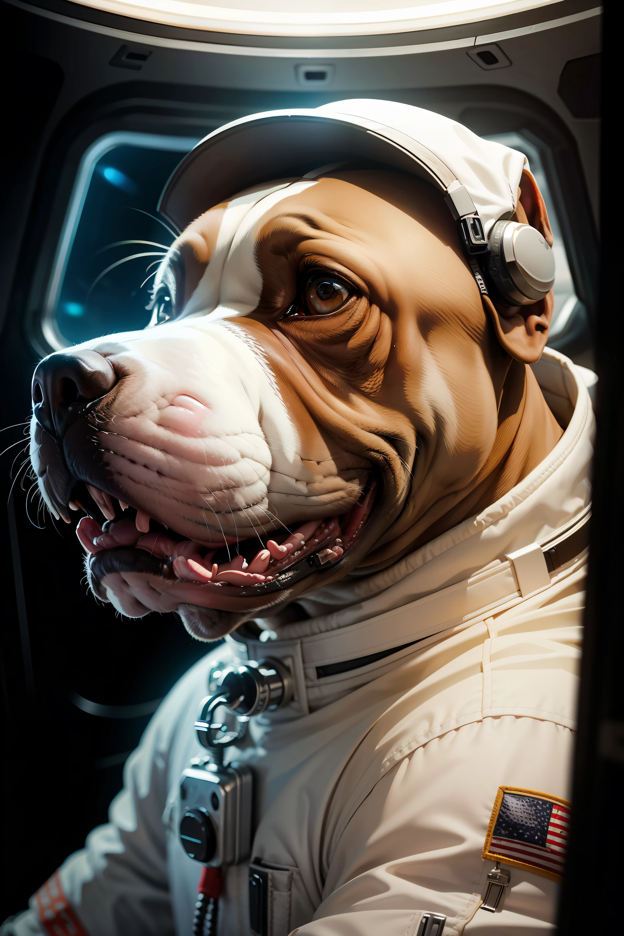 image of pit bull dog with astronaut suit