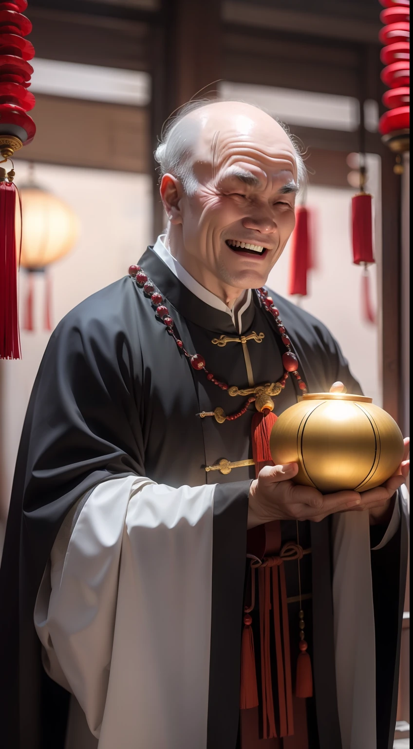 Han Chinese,A balding old man wearing a traditional Chinese cassock,Holding a handful of gold ingots,grin,red colour,jubilation,a cassock,Temple,k hd,真实感,超高分辨率,Prayer beads,fortune,fortune,Wishing you prosperity,money,
