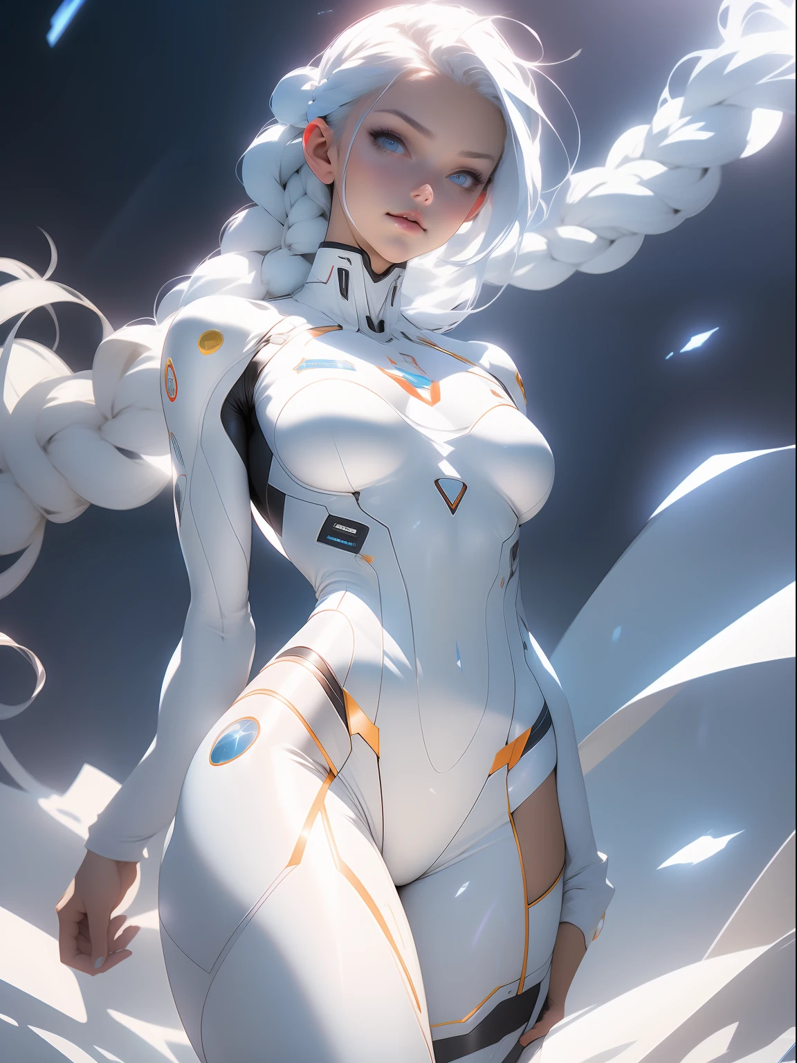 ((Best quality)), ((Masterpiece)), (Detailed: 1.4), (Absurd), War-ready female fighter pilot, White skin, flash dc comics, Lightning and lightning, muscular sculptural body defined, White throughout, half-thick naked thighs, Closed mouth, The muscular body is covered in white technical clothing, white environment，Single pure，Neon Genesis Evangelion style, Cyberpunk, generous neckline, ((perfect medium breasts)), (Ultra-light blue eyes，),  ((All white)), (((white hair with braid))), long eyelashes heavy makeup, niji --V5, near the real, Sexy pose, White background environment，Bright lighting，The light is even， White, Centered, Scale to fit the dimensions, hdr (HighDynamicRange), Ray tracing,NVIDIA RTX,Hyper-Resolution,Unreal 5,Subsurface dispersion, PBR Texture, Post-processing, Anisotropic filtering, Depth of field, Maximum clarity and sharpness, Many-Layer Textures, Albedo and specular maps, Surface coloring, Accurate simulation of light-material interaction, Perfect proportions, rendering by octane, Two-tone lighting, Wide aperture, Low ISO, White balance, Rule of thirds, 8K raw data, crysisnanosuit