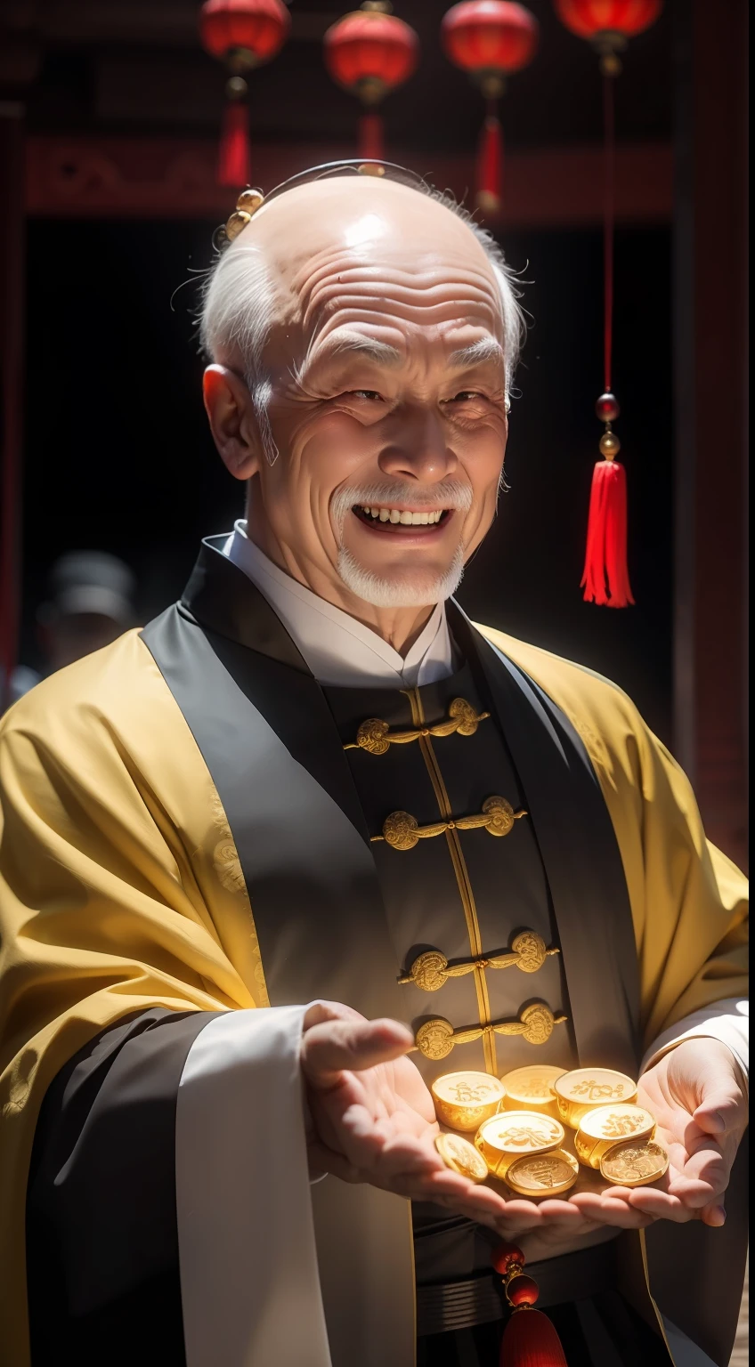 Han Chinese,A balding old man wearing a traditional Chinese cassock,Holding a handful of gold ingots,grin,red colour,jubilation,a cassock,Temple,k hd,真实感,超高分辨率,Prayer beads,fortune,fortune,Wishing you prosperity,money,