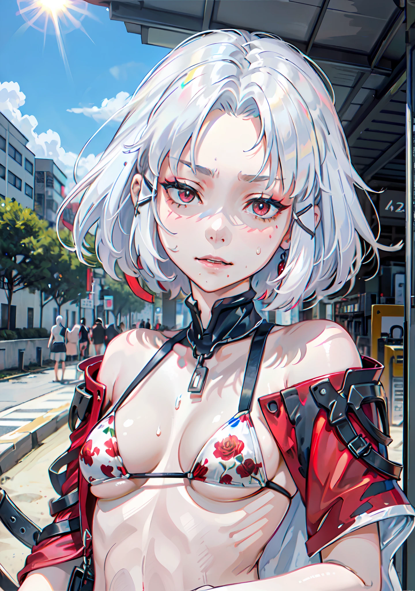 (masterpiece:1.2, best quality), (1lady, solo, upper body:1.2), Clothing: white floral pattern bikini, wide-brimmed hat, strappy sandals, Accessories: shell necklace, tinted sunglasses, Hair: loose beach waves, white hair, Makeup: natural, glowing skin, Behavior: relaxed, carefree, free-spirited, Location: beach, resort, outdoor festival, red eyes, average breasts, soaking wet, (beautiful detailed face, beautiful detailed eyes), (sunbeam, sunlight, rose, wind)