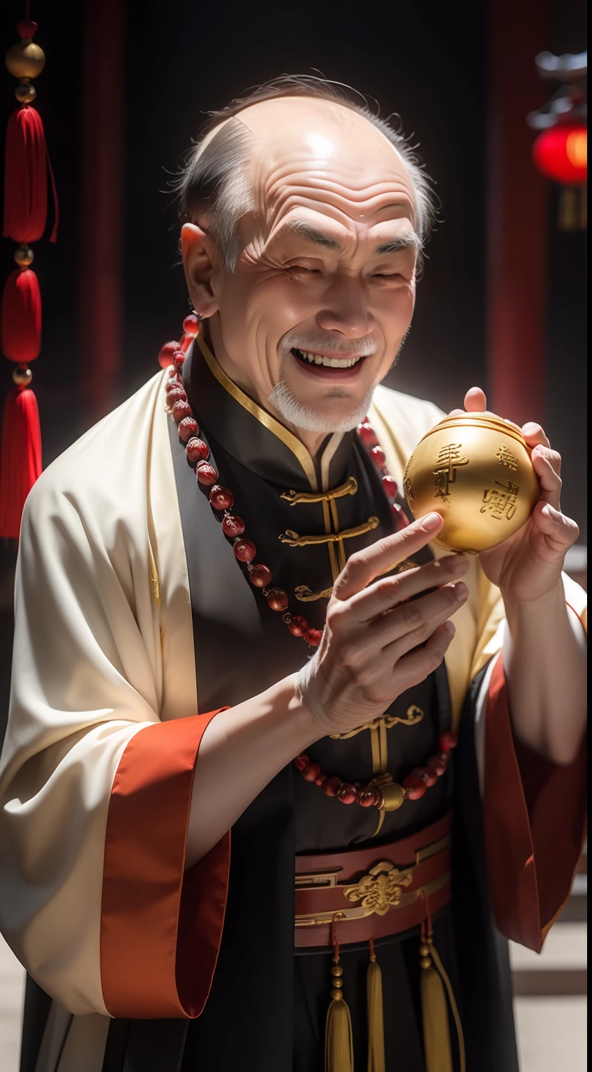 Han Chinese,A balding old man wearing a traditional Chinese cassock,Holding a handful of gold ingots,grin,red colour,jubilation,a cassock,Temple,k hd,真实感,超高分辨率,Prayer beads,fortune,fortune,Wishing you prosperity,money,
