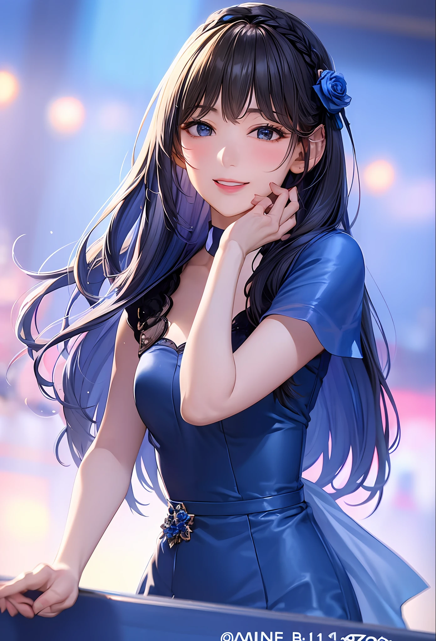 (8k, top quality, masterpiece: 1.2), (realistic, photorealistic: 1.37), super detailed, girl alone, cute, solo, midnight, beautiful detailed sky, detailed café, sitting, dating, (blush), (smile: 1.15), small breasts (mouth closed), beautiful fine eyes, floating hair NovaFrogStyle, back open dress, blue rose accessories, Blue rose background