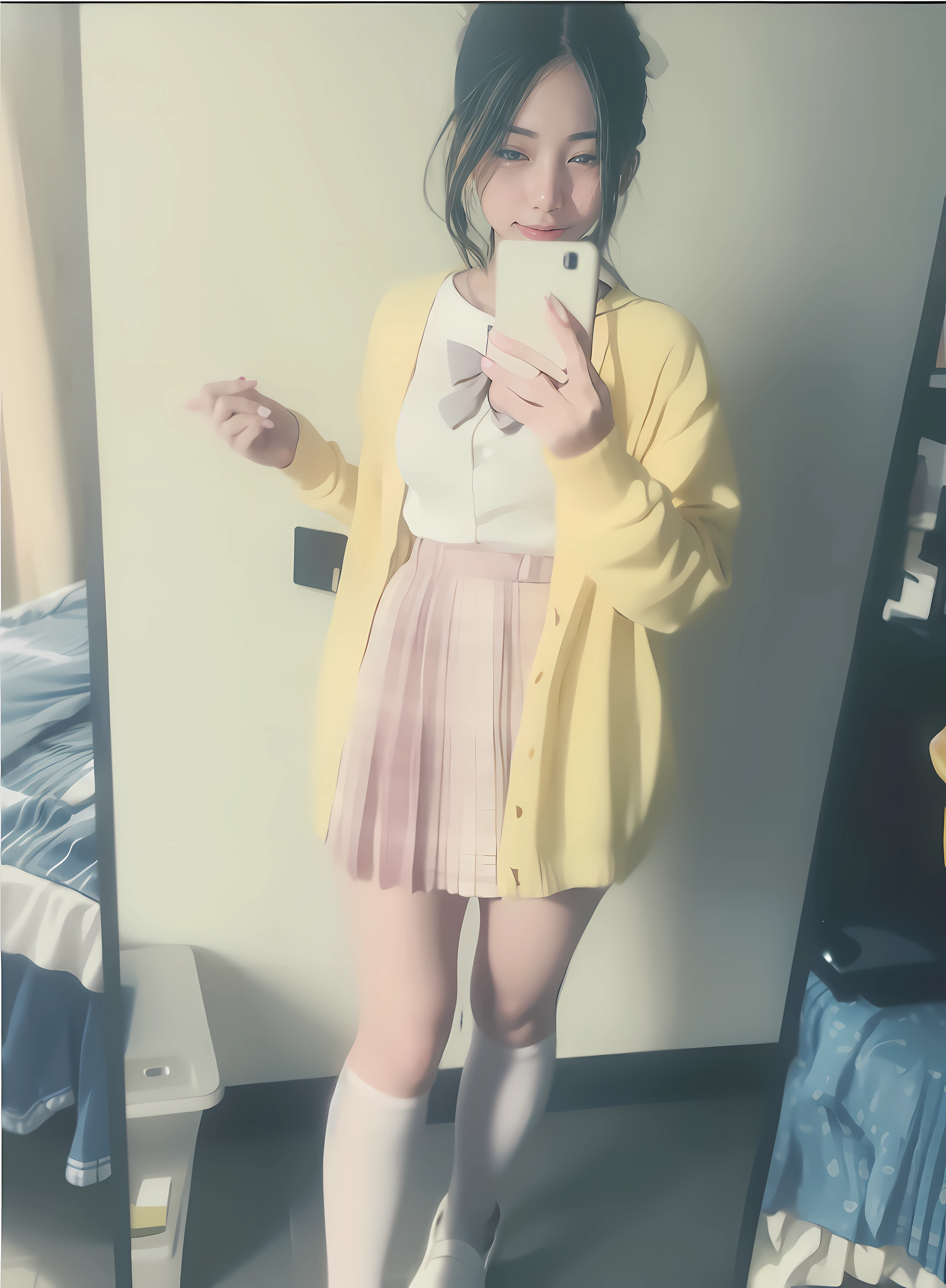 there is a woman that is taking a selfie in a mirror, outfit photograph, chiaki nanami from danganronpa, Magical school student uniform, Anime girl cosplay, full bodyesbian!!, wearing a Japanese school uniform, dressed as schoolgirl, Ayaka cosplay, in school uniform, full_Body!!, cosplay, Japanese school uniform, hanayamata, DDLC