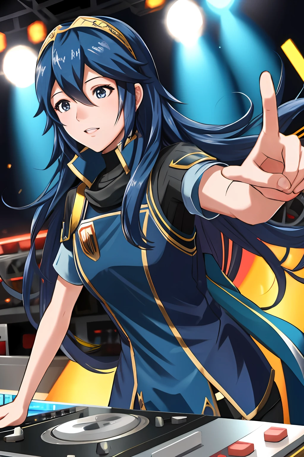 "lucina fe, a DJ, showcasing her skills on the turntables at a vibrant rave."