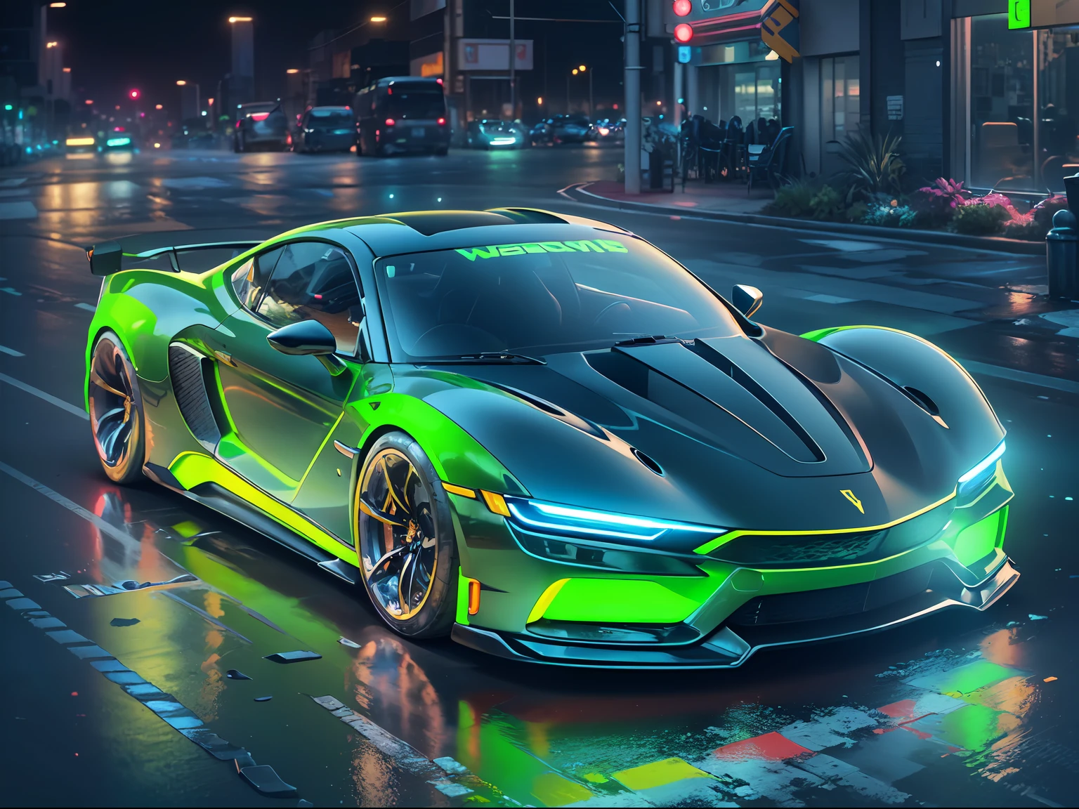 (1 transparent sports car on gorgeous city streets)，Color transparent plastic，cyber punk perssonage，industrial design，Smooth design feel，Sophisticated body structure，cleanness，(((Transparent visual impact)))，(((Brilliant neon lights)))，white backgrounid，ultra-realistic realism，hyper HD，high detal，best qualtiy，4K