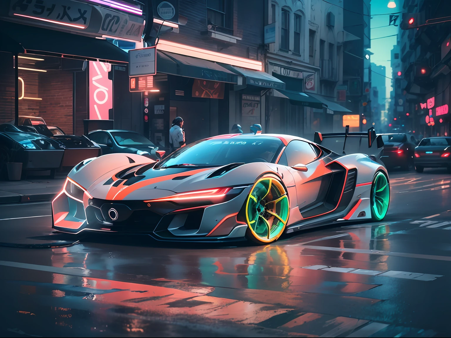 (1 transparent sports car on gorgeous city streets),Color transparent plastic,cyber punk perssonage,industrial design,Smooth design feel,Sophisticated body structure,cleanness,(((Transparent visual impact))),(((Brilliant neon lights))),white backgrounid,ultra-realistic realism,hyper HD,high detal,best qualtiy,4K