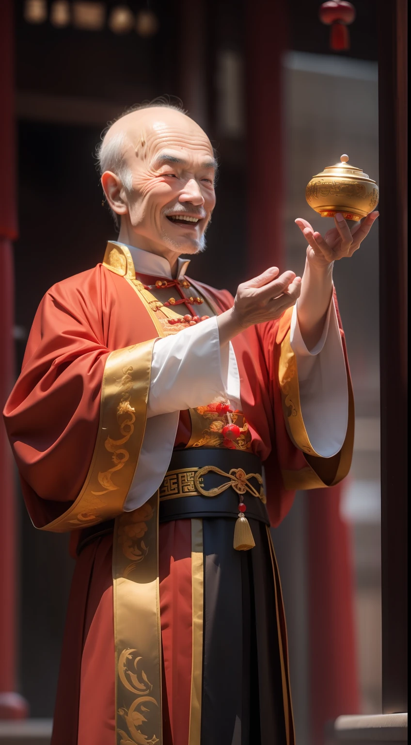 Han Chinese,A balding old man wearing a traditional Chinese cassock,Holding a handful of gold ingots,grin,red colour,jubilation,a cassock,Temple,k hd,真实感,超高分辨率,Prayer beads,fortune,fortune,Wishing you prosperity,money,