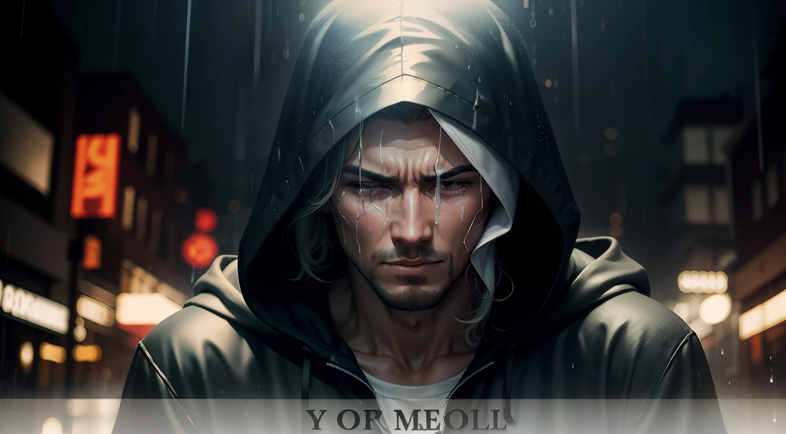 Hooded man crying in the rain on motivational video cover