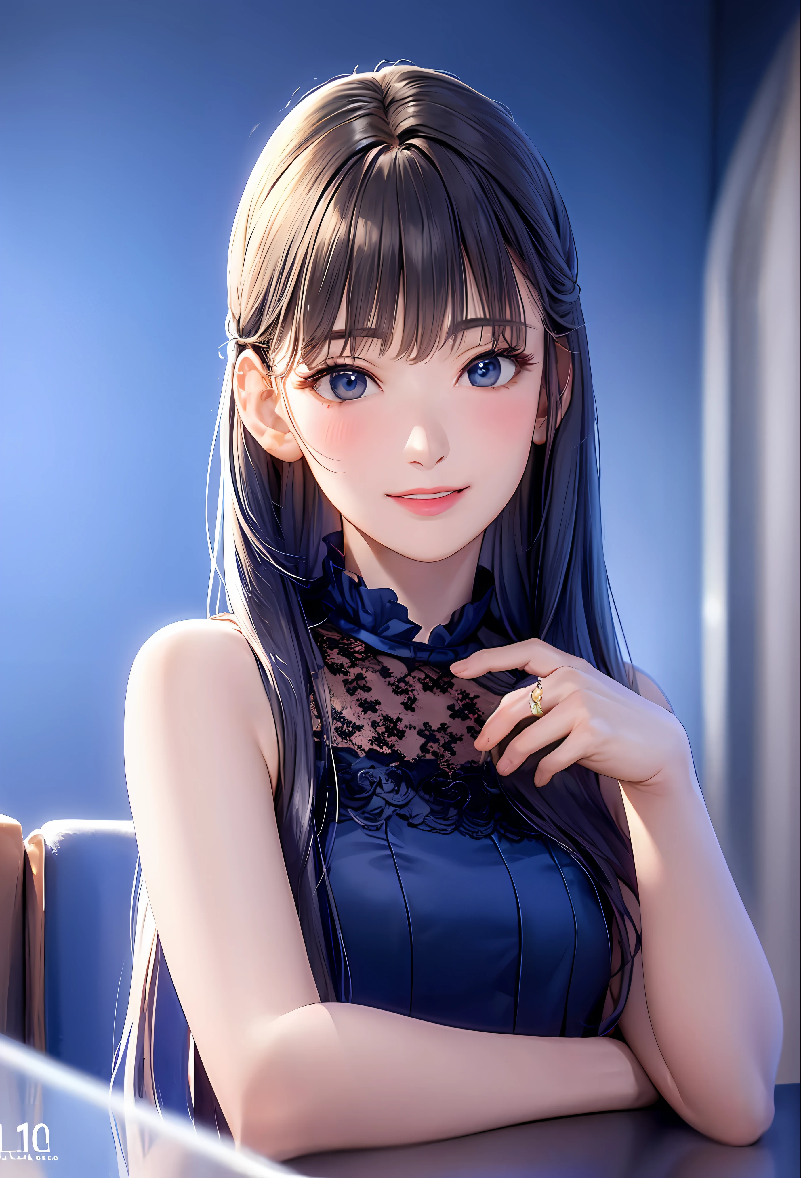 (8k, top quality, masterpiece: 1.2), (realistic, photorealistic: 1.37), super detailed, girl alone, cute, solo, midnight, beautiful detailed sky, detailed café, sitting, dating, (blush), (smile: 1.15), small breasts (mouth closed), beautiful fine eyes, floating hair NovaFrogStyle, back open dress, blue rose accessories, Blue rose background