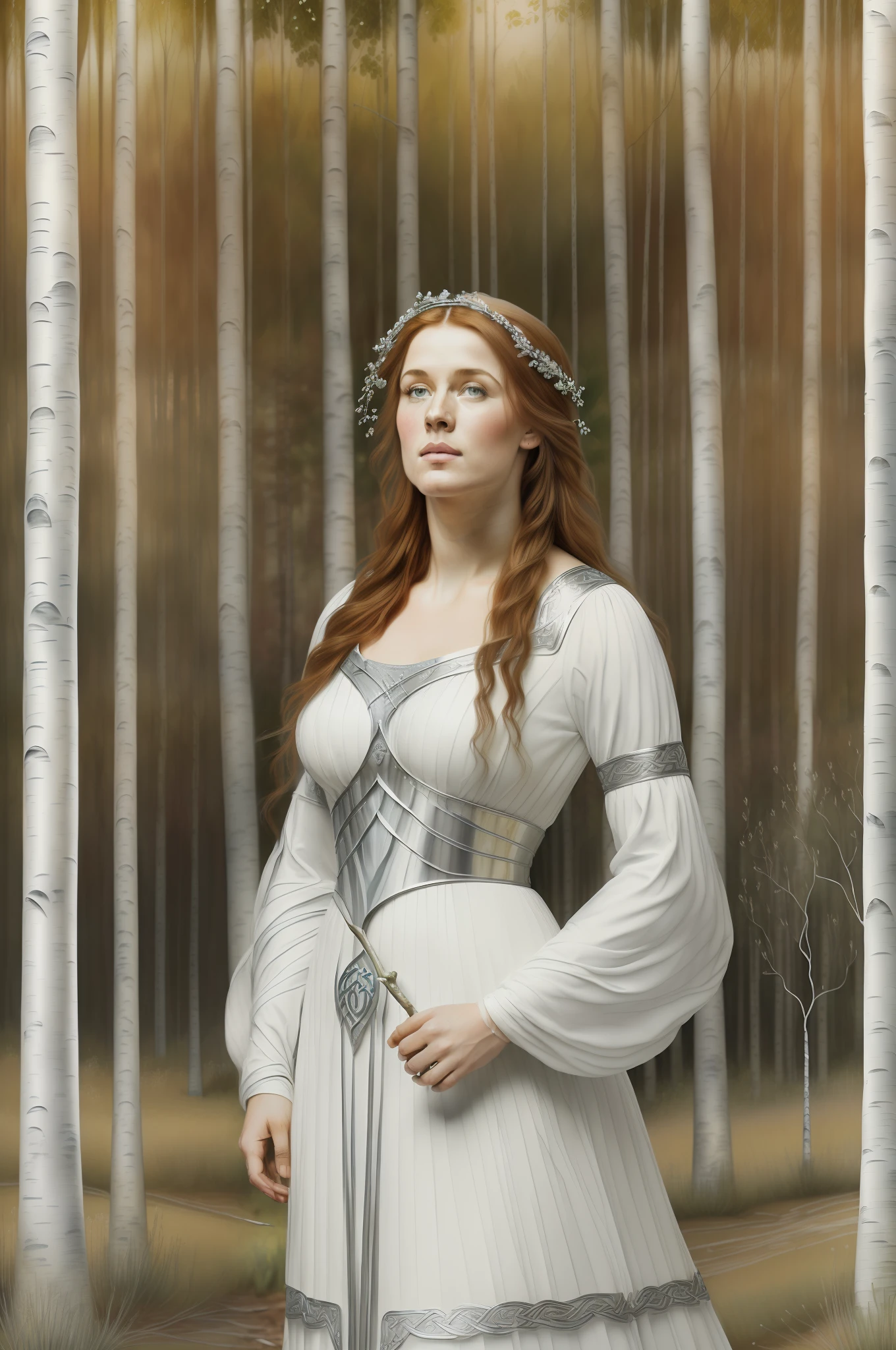 (((birch silver branch. Pre-Raphaelite painting of a Celtic woman in white and silver, segura um ramo de prata, Cabelos louros, in a birch grove, paisagem celta em tons outonais)))