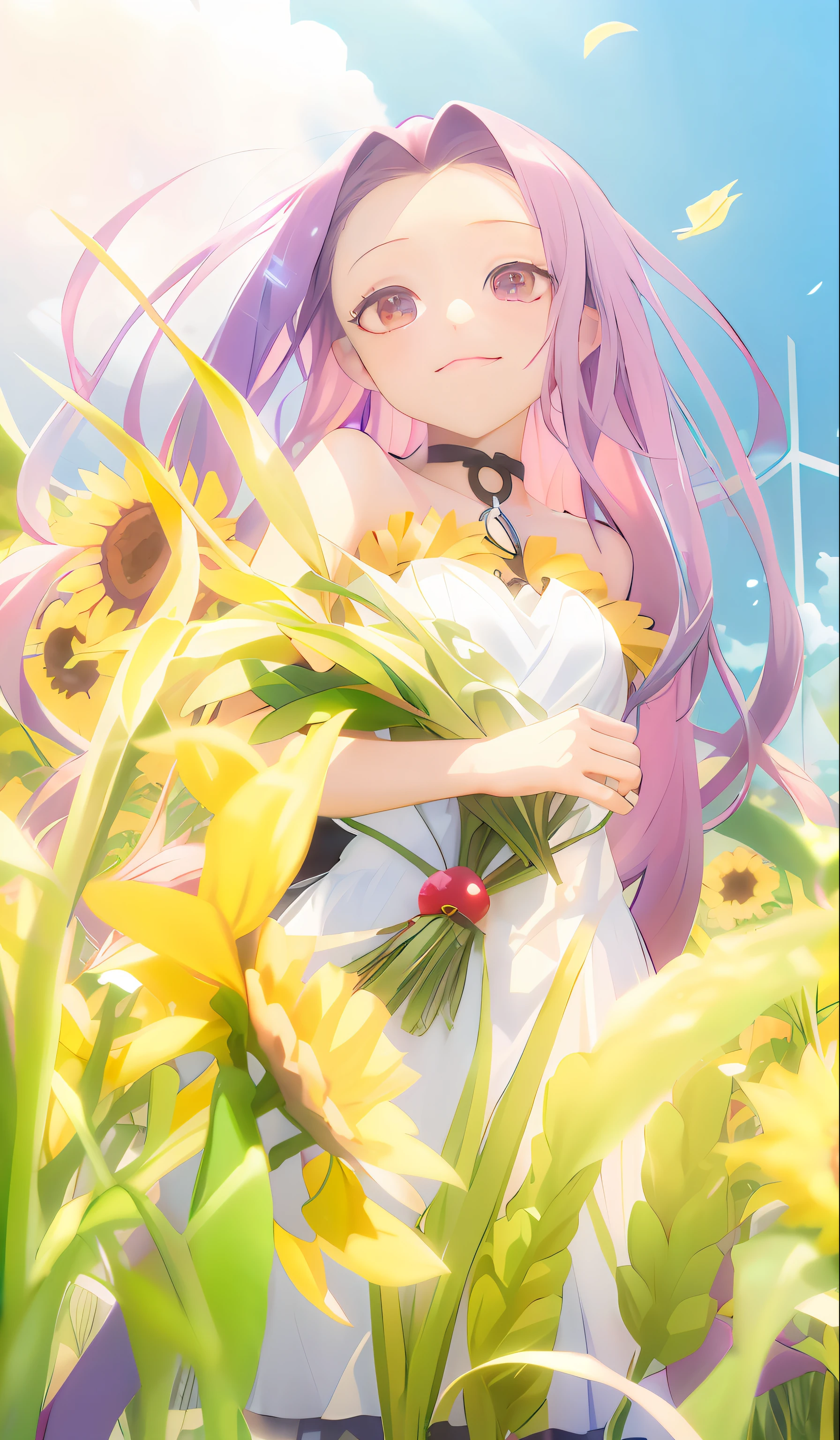 Anime girl with long pink hair holding a bouquet of flowers, beautiful sunflower anime girl, anime visual of a cute girl, the goddess of summer, no game no life, the goddess of summer, offcial art, Smooth anime CG art, anime moe art style, Guviz, Official artwork, made with anime painter studio, a goddess in a field of flowers