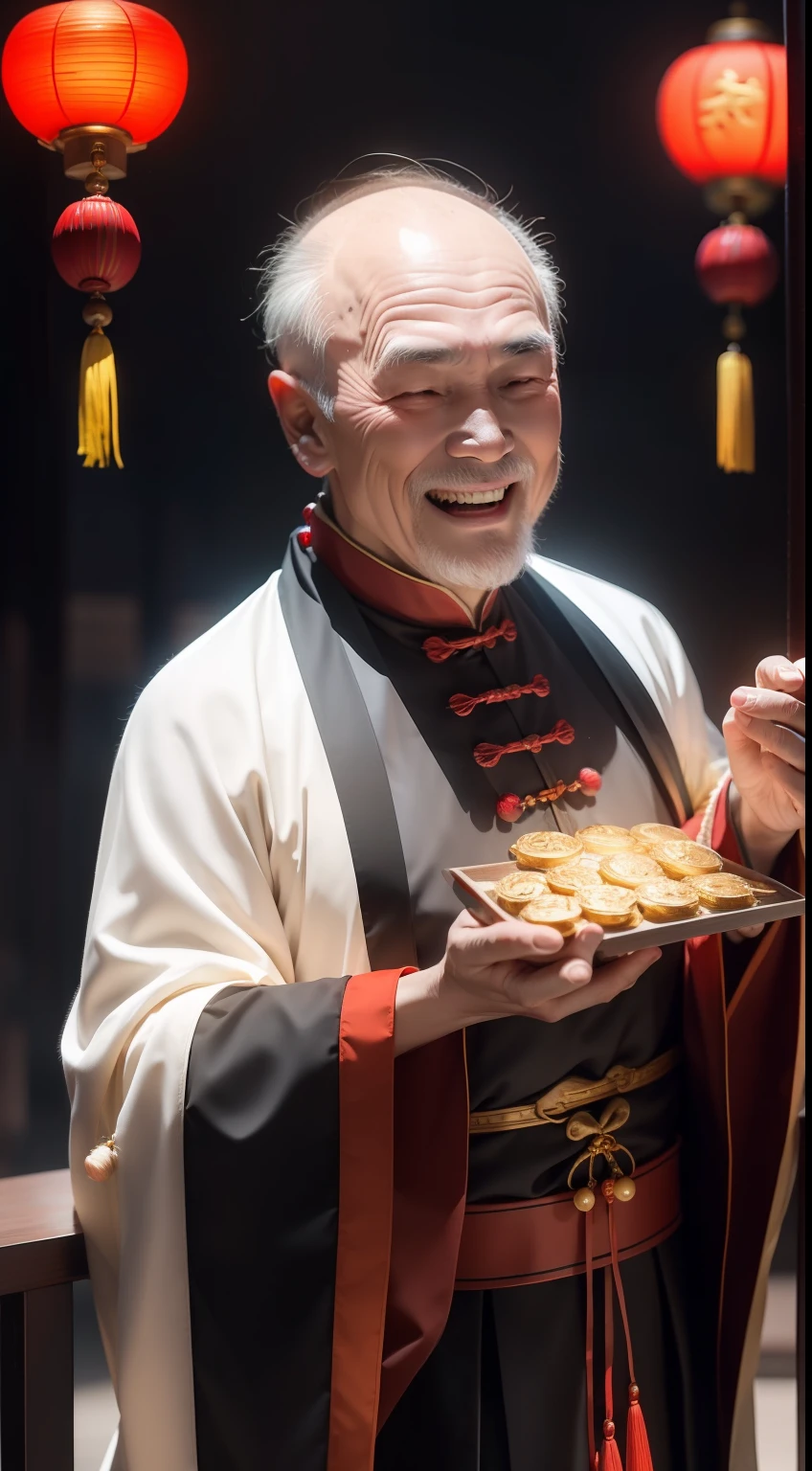 Han Chinese,A balding old man wearing a traditional Chinese cassock,Holding a handful of gold ingots,grin,red colour,jubilation,a cassock,Temple,k hd,真实感,超高分辨率,Prayer beads,fortune,fortune,Wishing you prosperity,money,