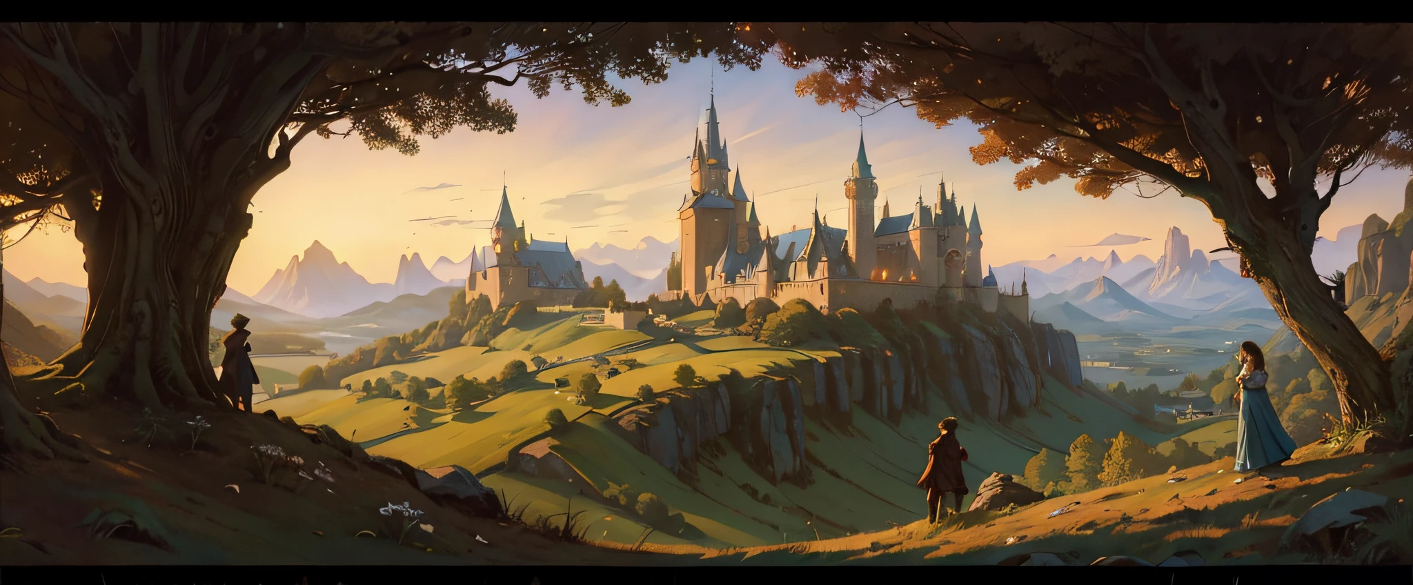 storybook art, fairy tale, a princess and prince, romantic atmosphere, intricate details minimalist, illustration art by Anton Pieck, Arthur Wesley Dow, Andy Kehoe, Artgerm, Greg Rutkowski, and Andreas Rocha