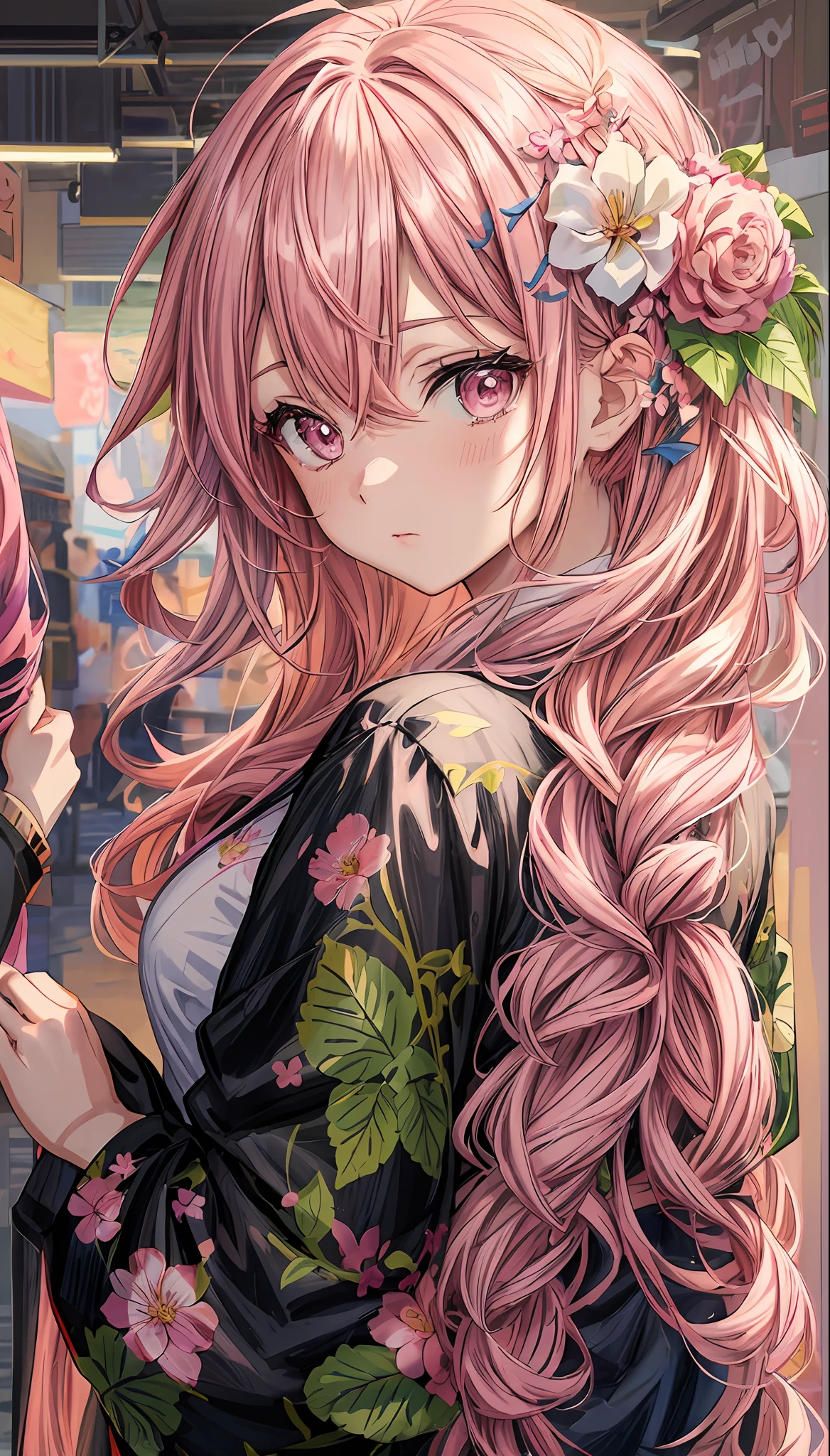 anime girl with pink hair and flowers in her hair, detailed digital anime art, anime visual of a cute girl, beautiful anime portrait, beautiful anime art style, anime style 4 k, beautiful anime girl, clean detailed anime art, cute anime girl, beautiful anime artwork, guweiz, detailed portrait of anime girl, pretty anime girl, beautiful anime art