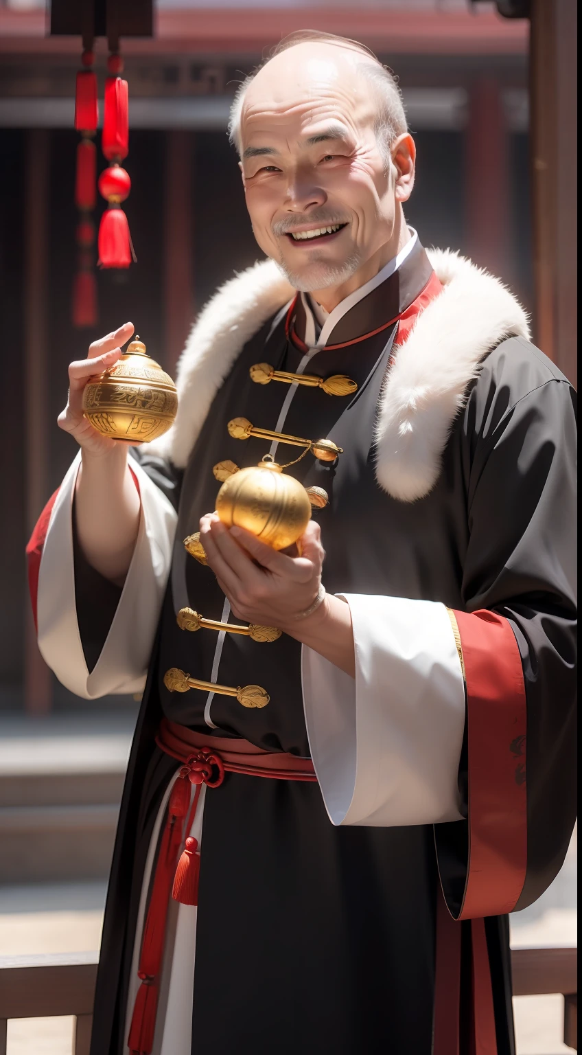 Han Chinese,A balding old man wearing a traditional Chinese cassock,Holding a handful of gold ingots,grin,red colour,jubilation,a cassock,Temple,k hd,真实感,超高分辨率,Prayer beads,fortune,fortune,Wishing you prosperity,money,