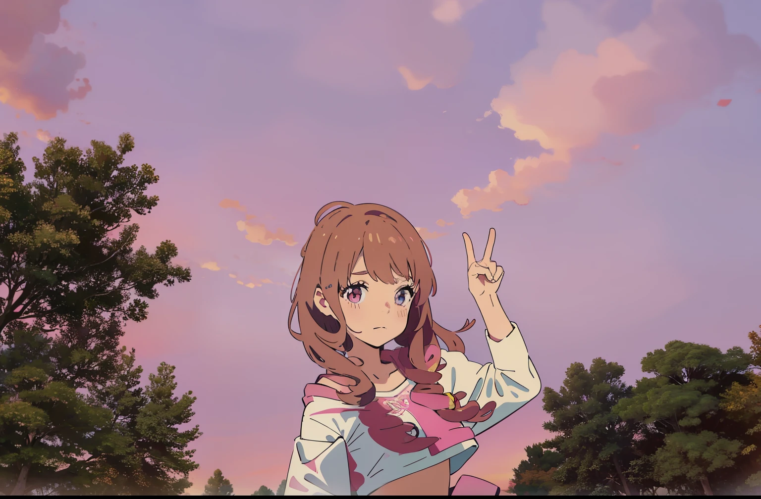 There is a sunny pink-haired girl under the pink sunset