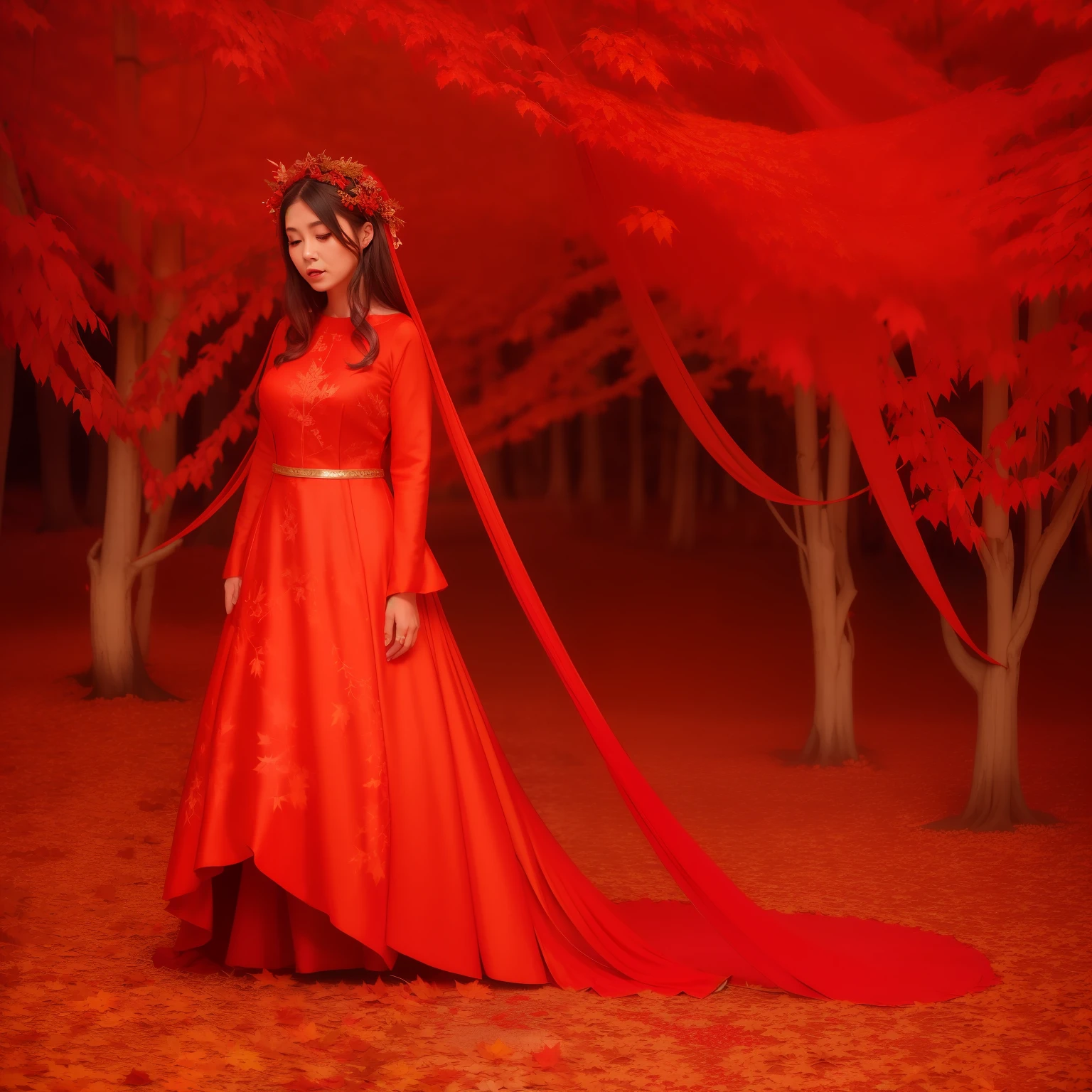 arafed woman in a red dress standing in front of a tree, covered in flame porcelain vine, autumnal empress, hair becoming autumn red leaves, red leaves, red adornments, in a red dream world, entwined in vines and nature, blood red leaves, red adornements, glowing red, goddess of autumn, red hues, beautiful autumn spirit