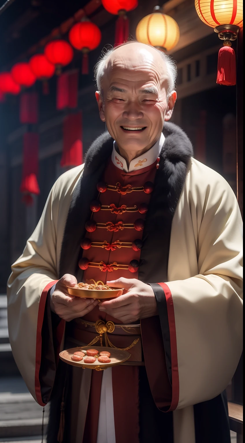 Han Chinese,A balding old man wearing a traditional Chinese cassock,Holding a handful of gold ingots,grin,red colour,jubilation,a cassock,Temple,k hd,真实感,超高分辨率,Prayer beads,fortune,fortune,Wishing you prosperity,money,